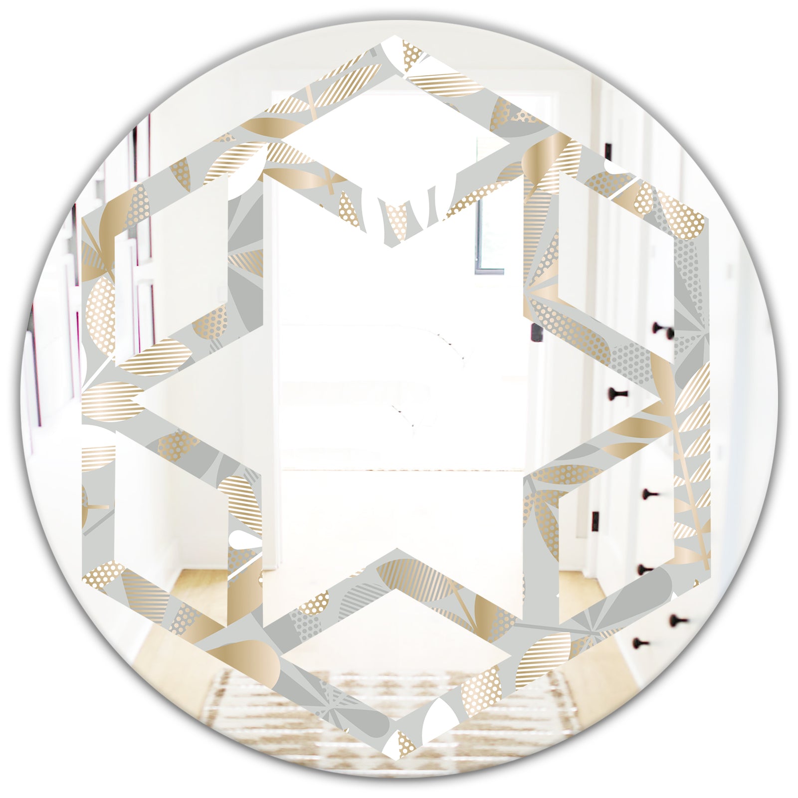 Golden Tropical Pattern VIII - Modern Round or Oval Wall Mirror - Hexagon Star