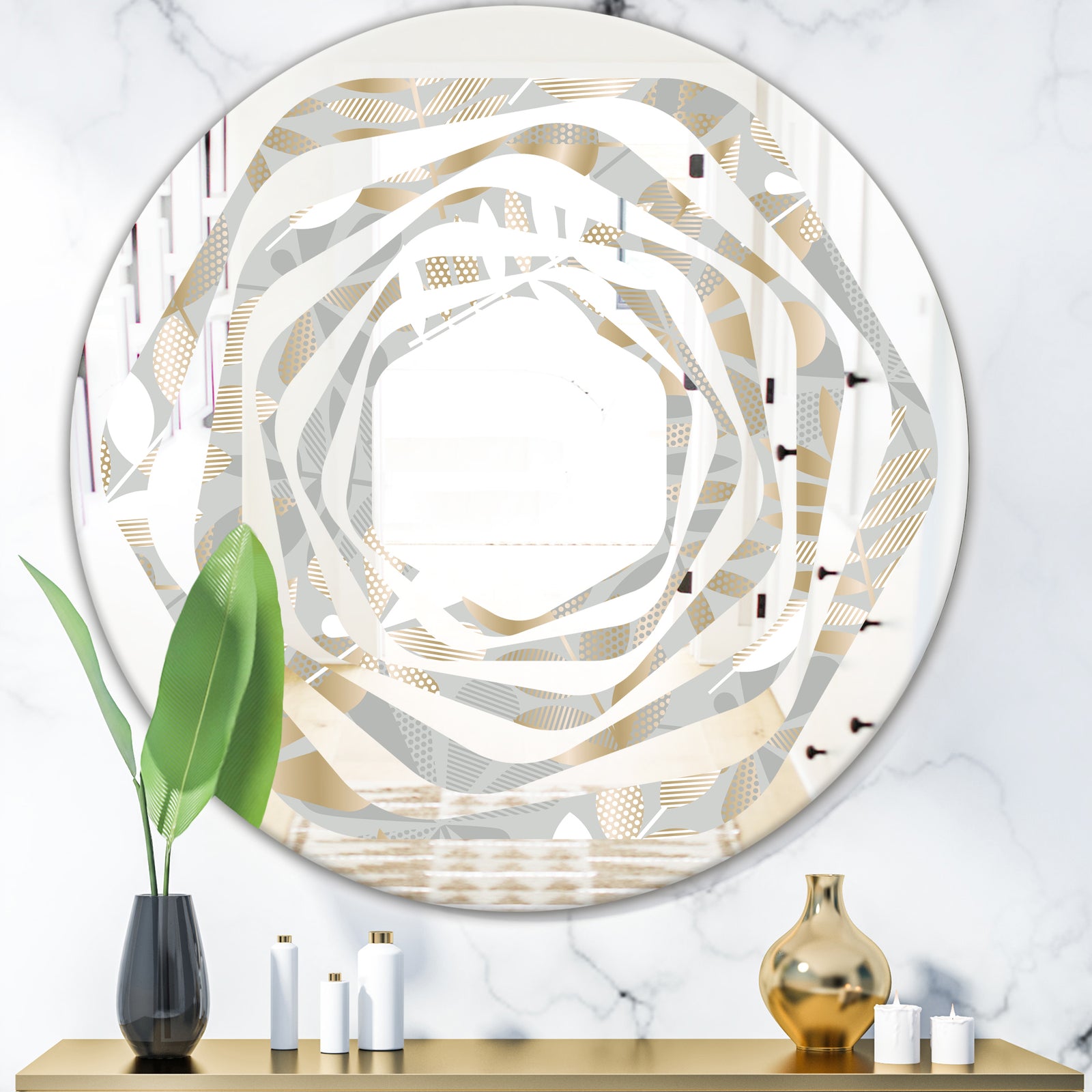 Golden Tropical Pattern VIII - Modern Round or Oval Wall Mirror - Whirl