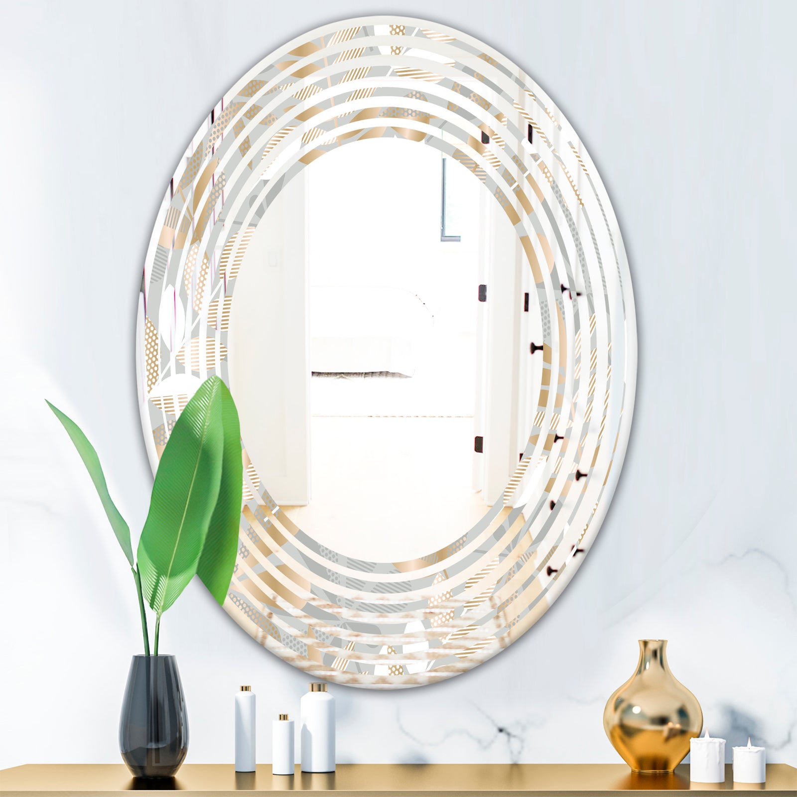 Golden Tropical Pattern VIII - Modern Round or Oval Wall Mirror - Wave