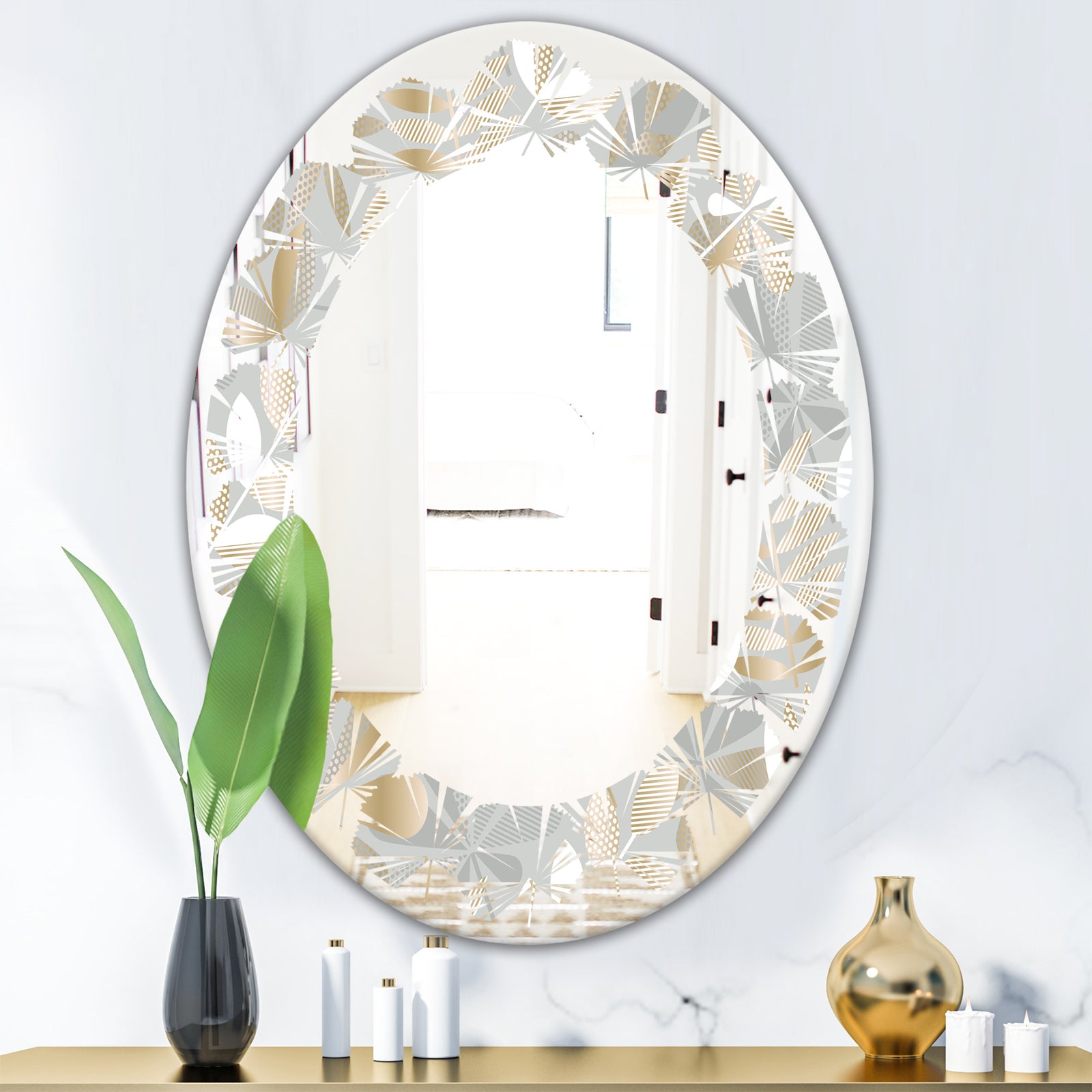 Golden Tropical Pattern VIII - Modern Round or Oval Wall Mirror - Leaves