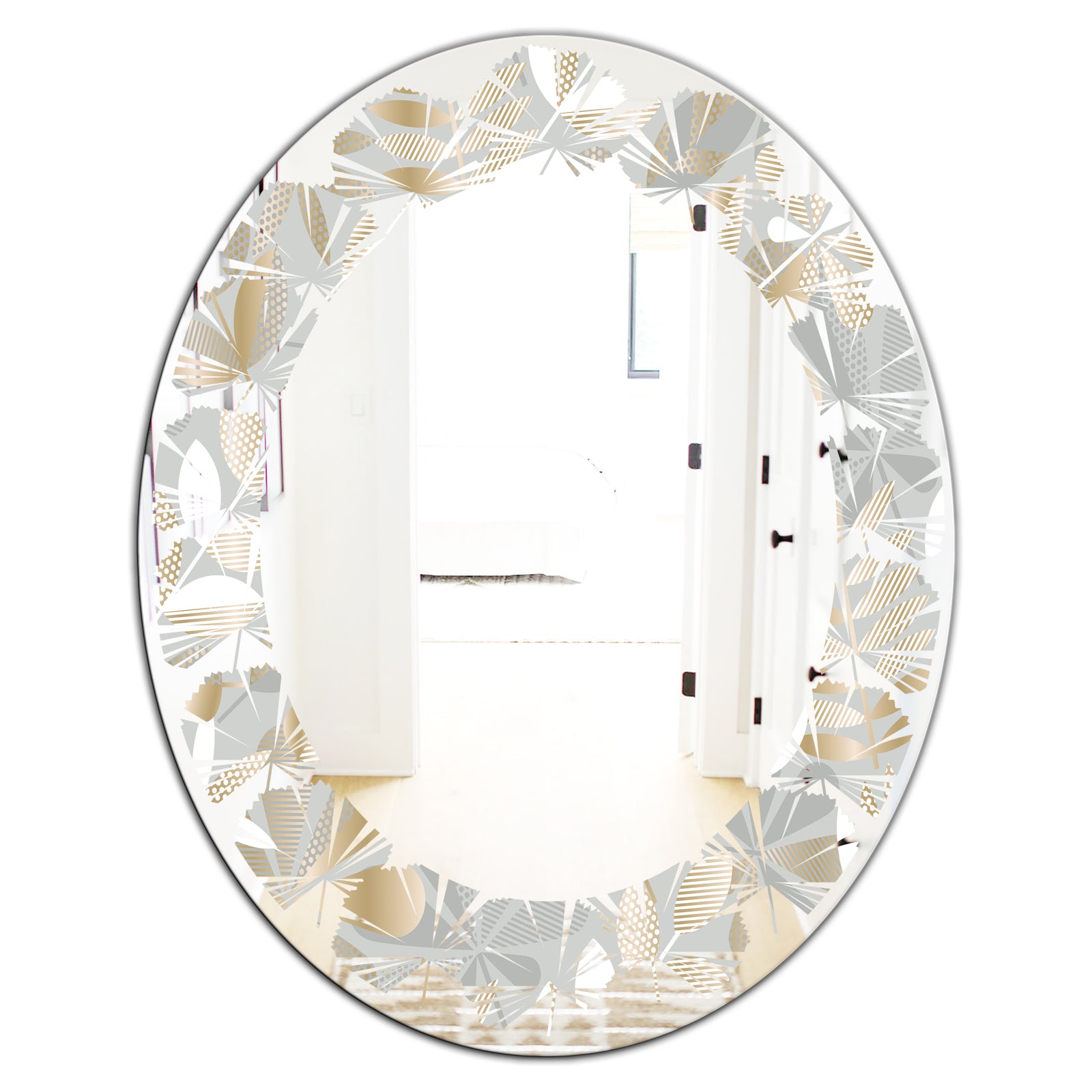 Golden Tropical Pattern VIII - Modern Round or Oval Wall Mirror - Leaves