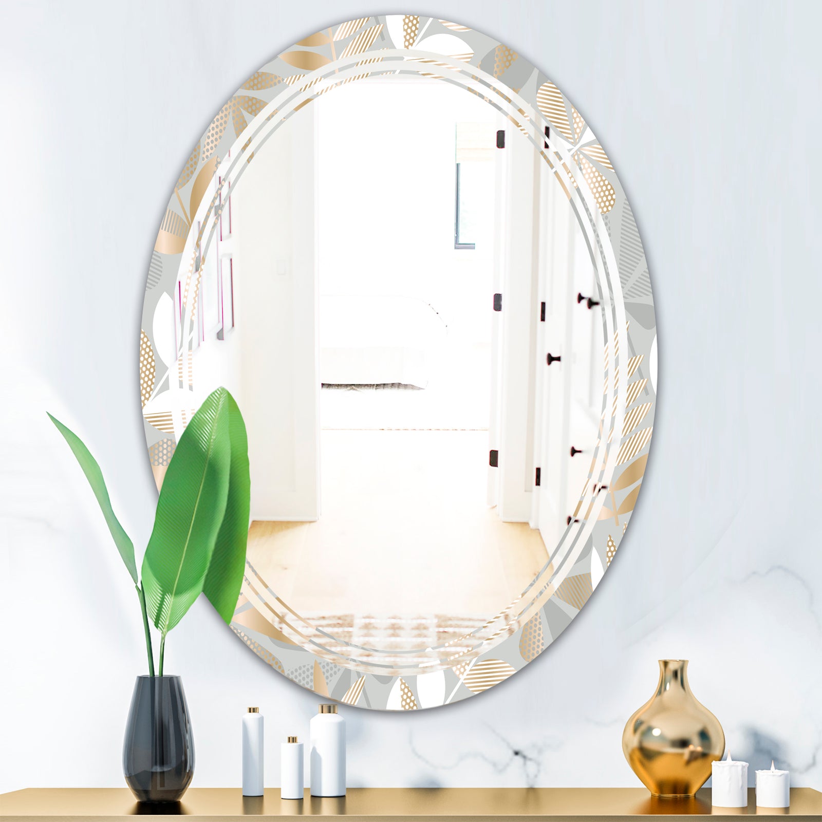 Golden Tropical Pattern VIII - Modern Round or Oval Wall Mirror - Triple C