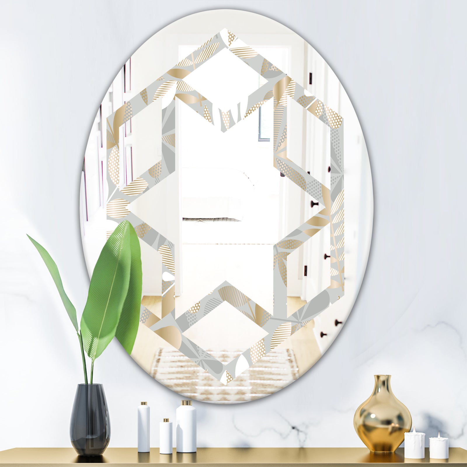 Golden Tropical Pattern VIII - Modern Round or Oval Wall Mirror - Hexagon Star