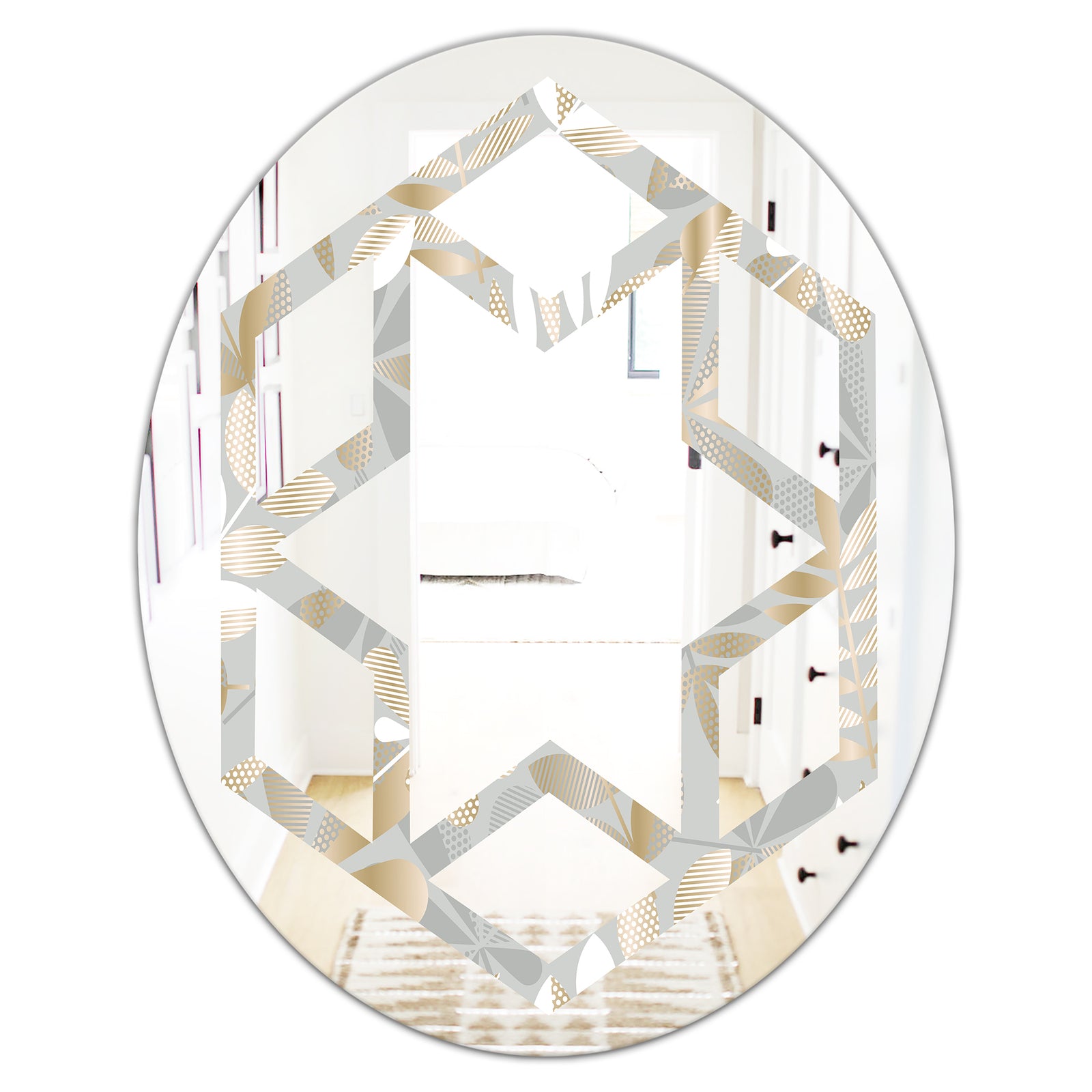 Golden Tropical Pattern VIII - Modern Round or Oval Wall Mirror - Hexagon Star