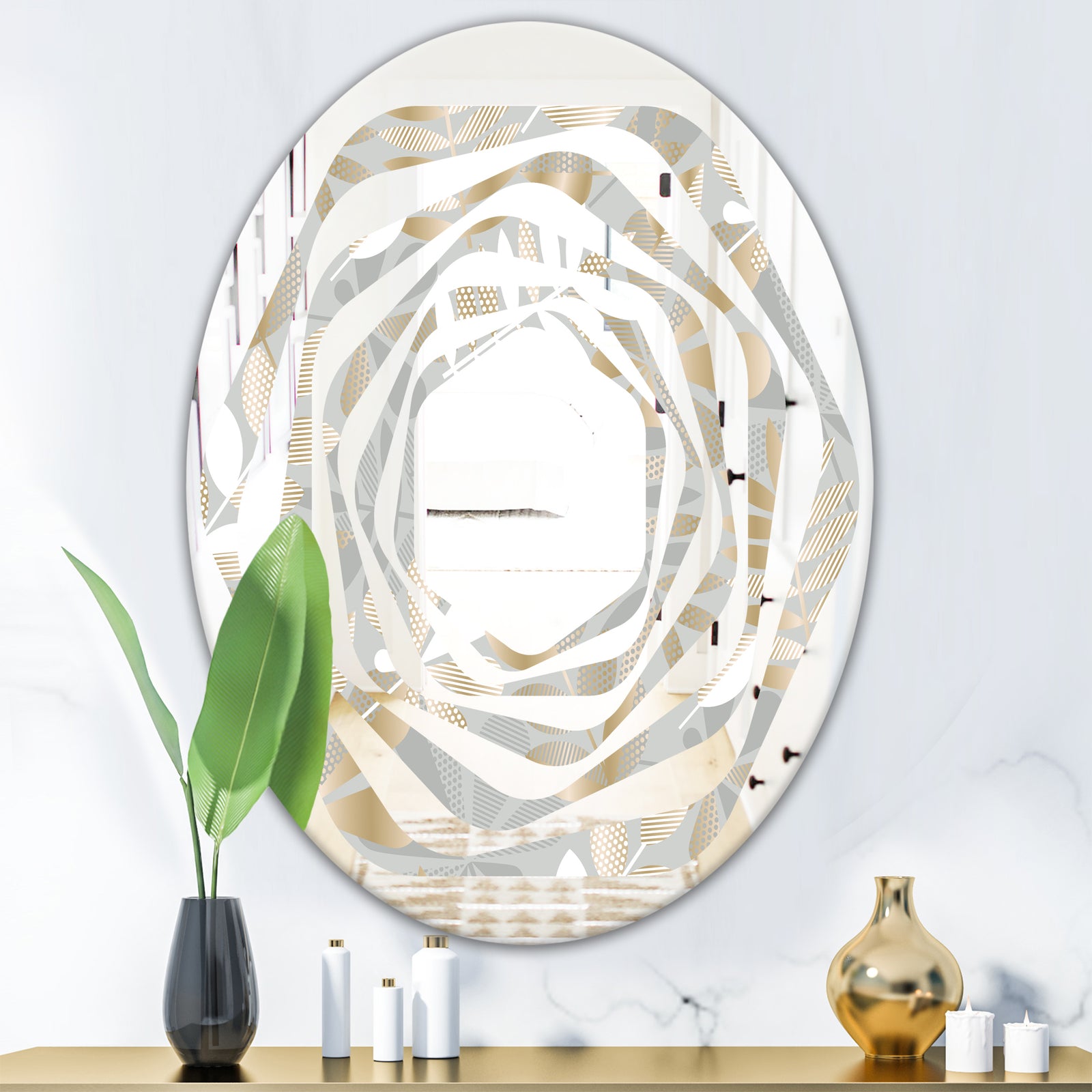 Golden Tropical Pattern VIII - Modern Round or Oval Wall Mirror - Whirl