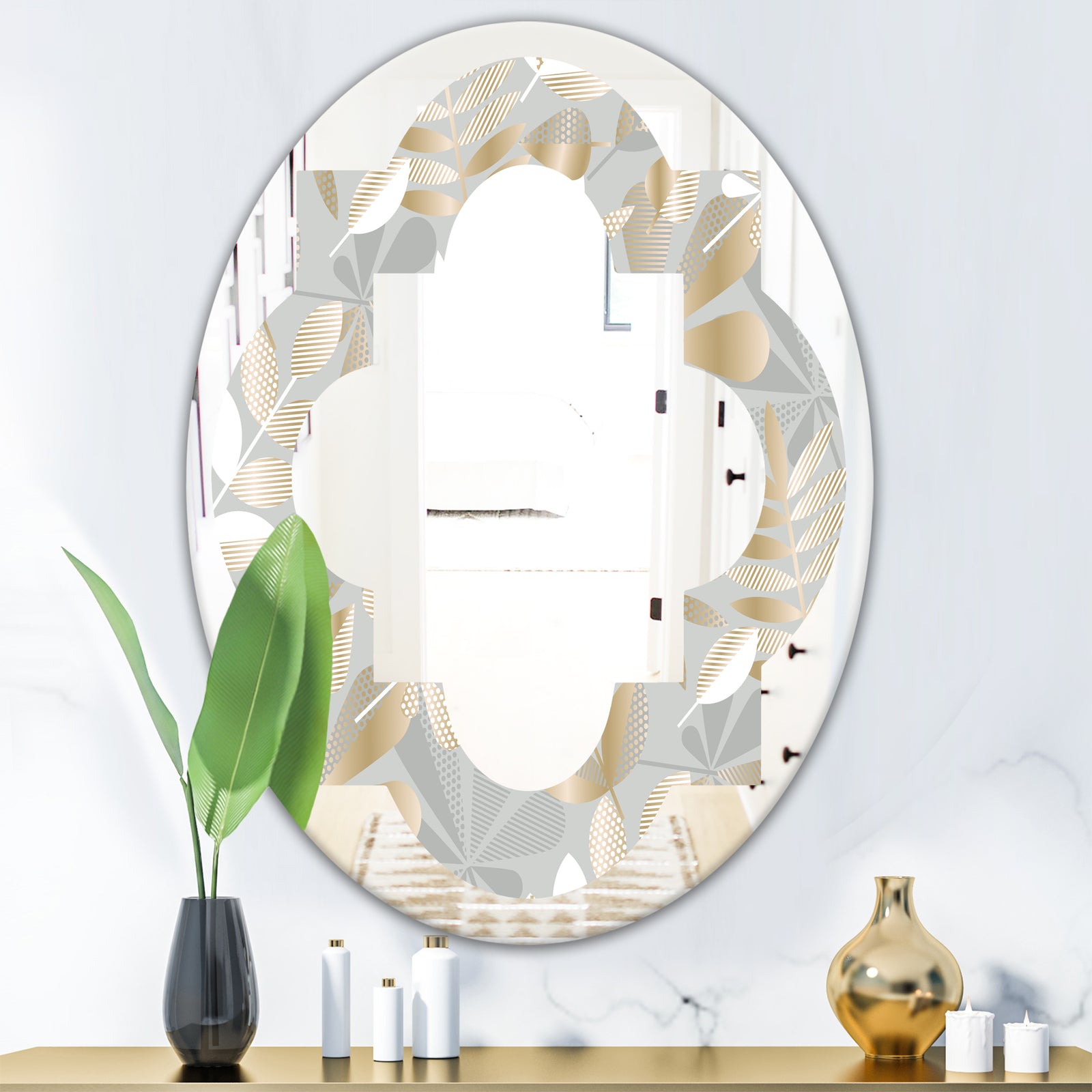 Golden Tropical Pattern VIII - Modern Round or Oval Wall Mirror - Quatrefoil