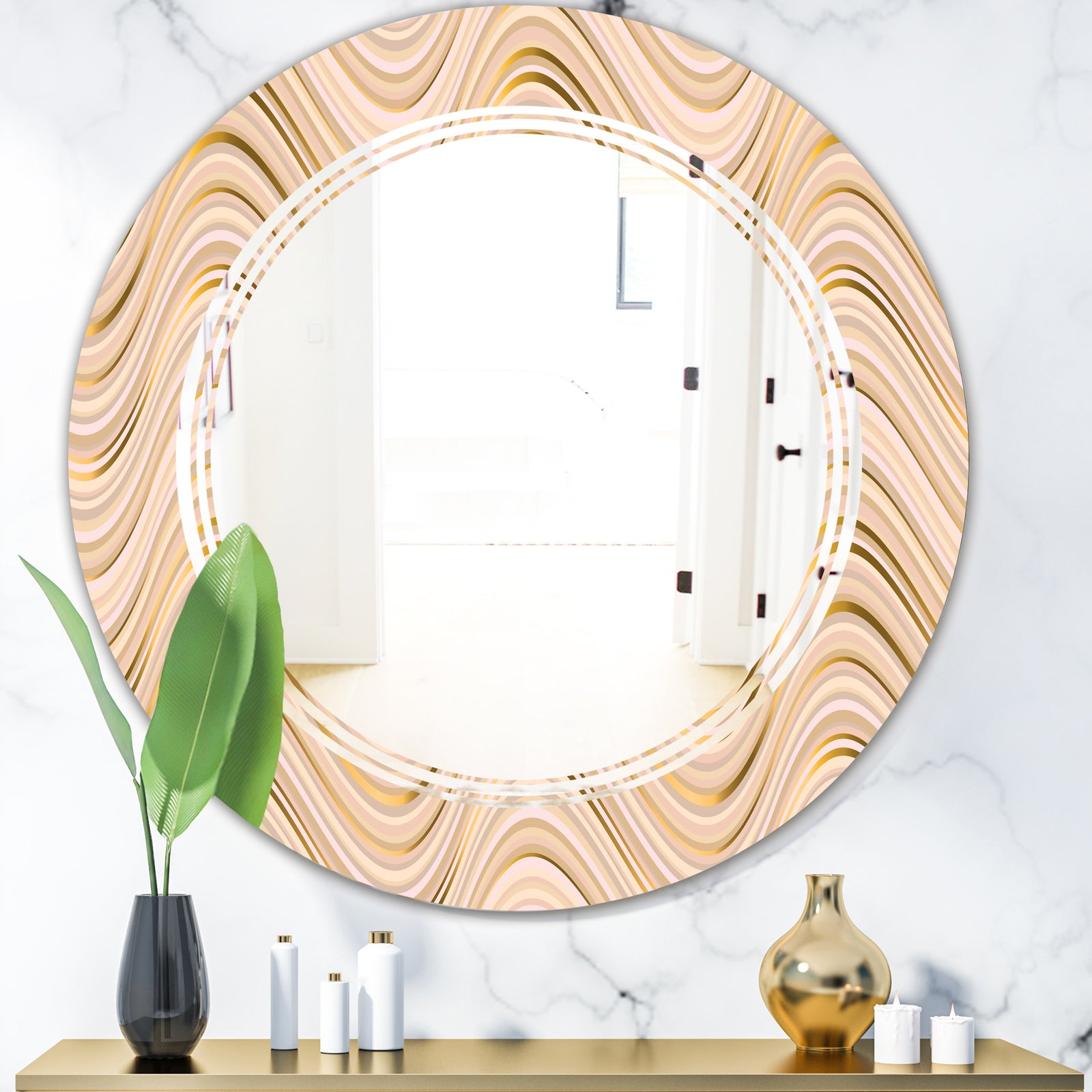 Abstract Luxury Beige Waves - Modern Round or Oval Wall Mirror - Triple C