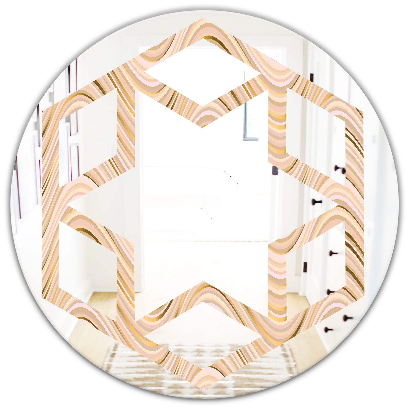 Abstract Luxury Beige Waves - Modern Round or Oval Wall Mirror - Hexagon Star