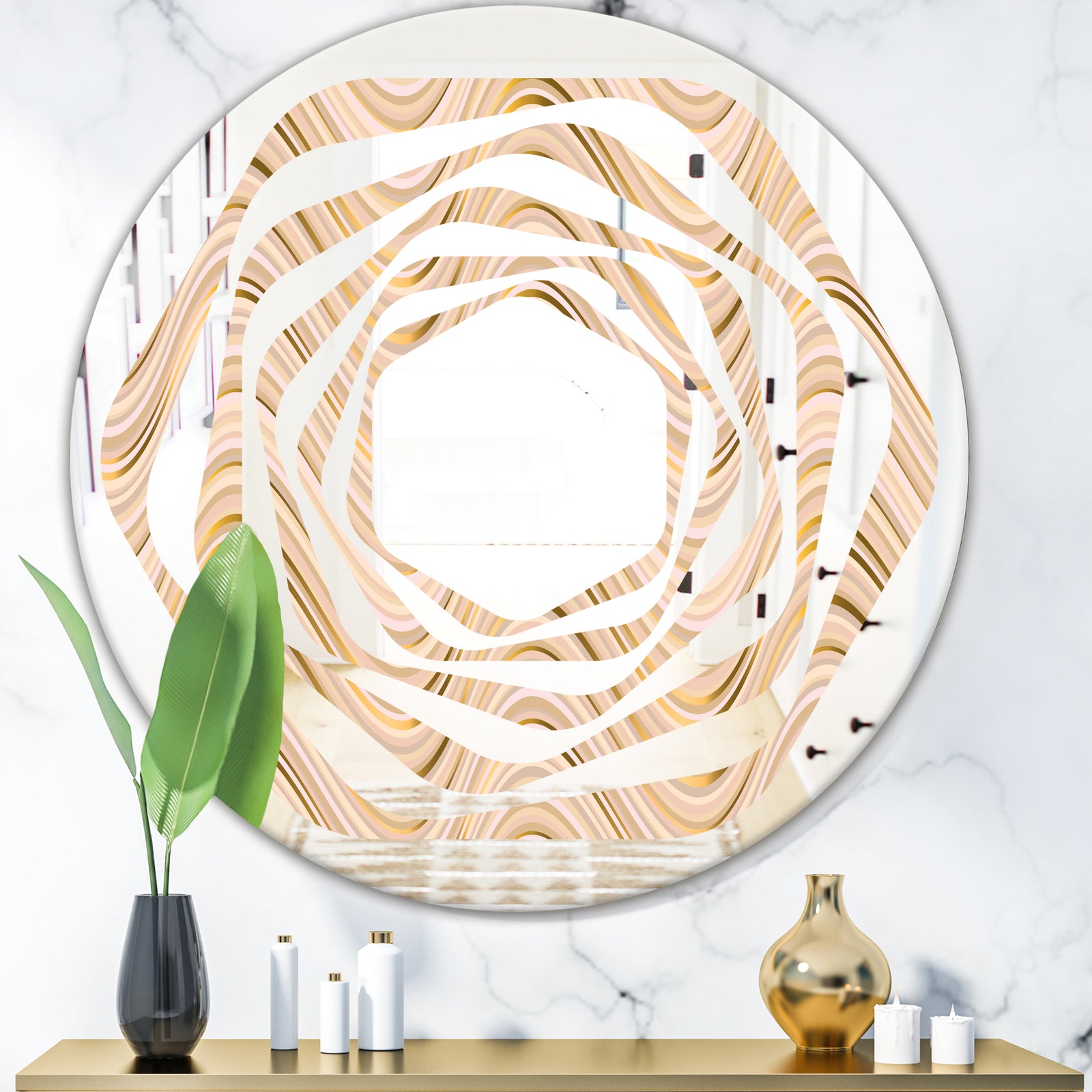 Abstract Luxury Beige Waves - Modern Round or Oval Wall Mirror - Whirl