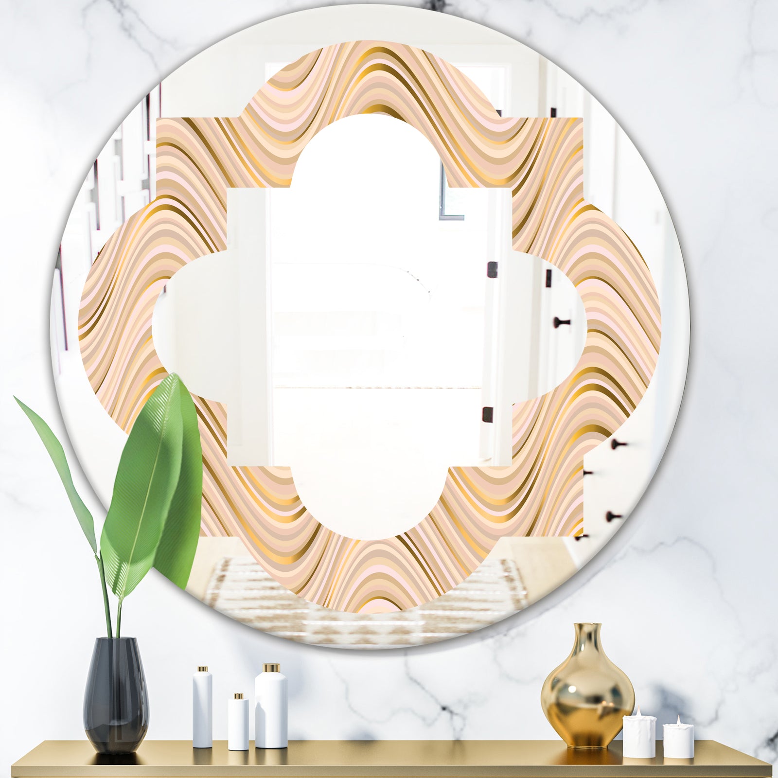 Abstract Luxury Beige Waves - Modern Round or Oval Wall Mirror - Quatrefoil