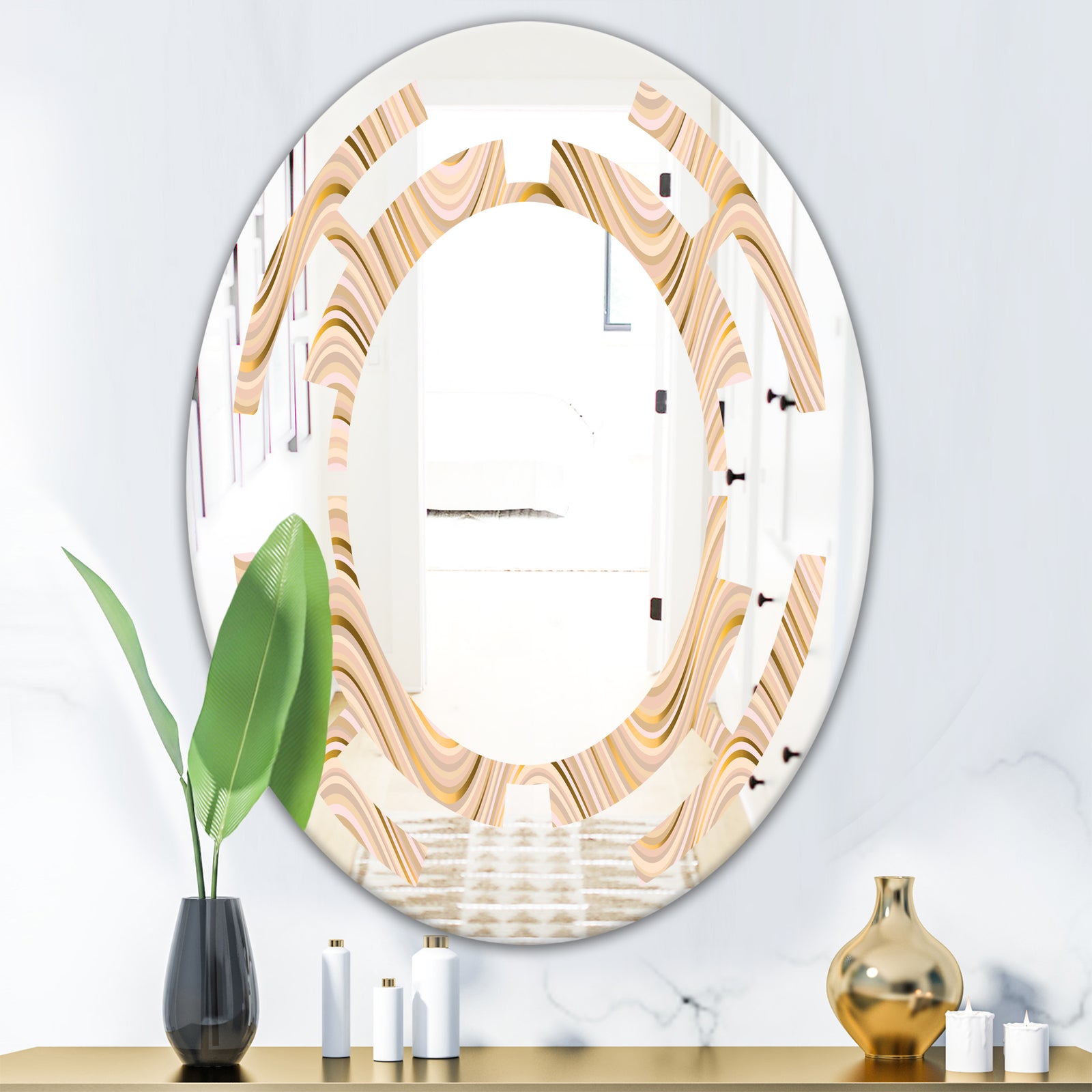 Abstract Luxury Beige Waves - Modern Round or Oval Wall Mirror - Space