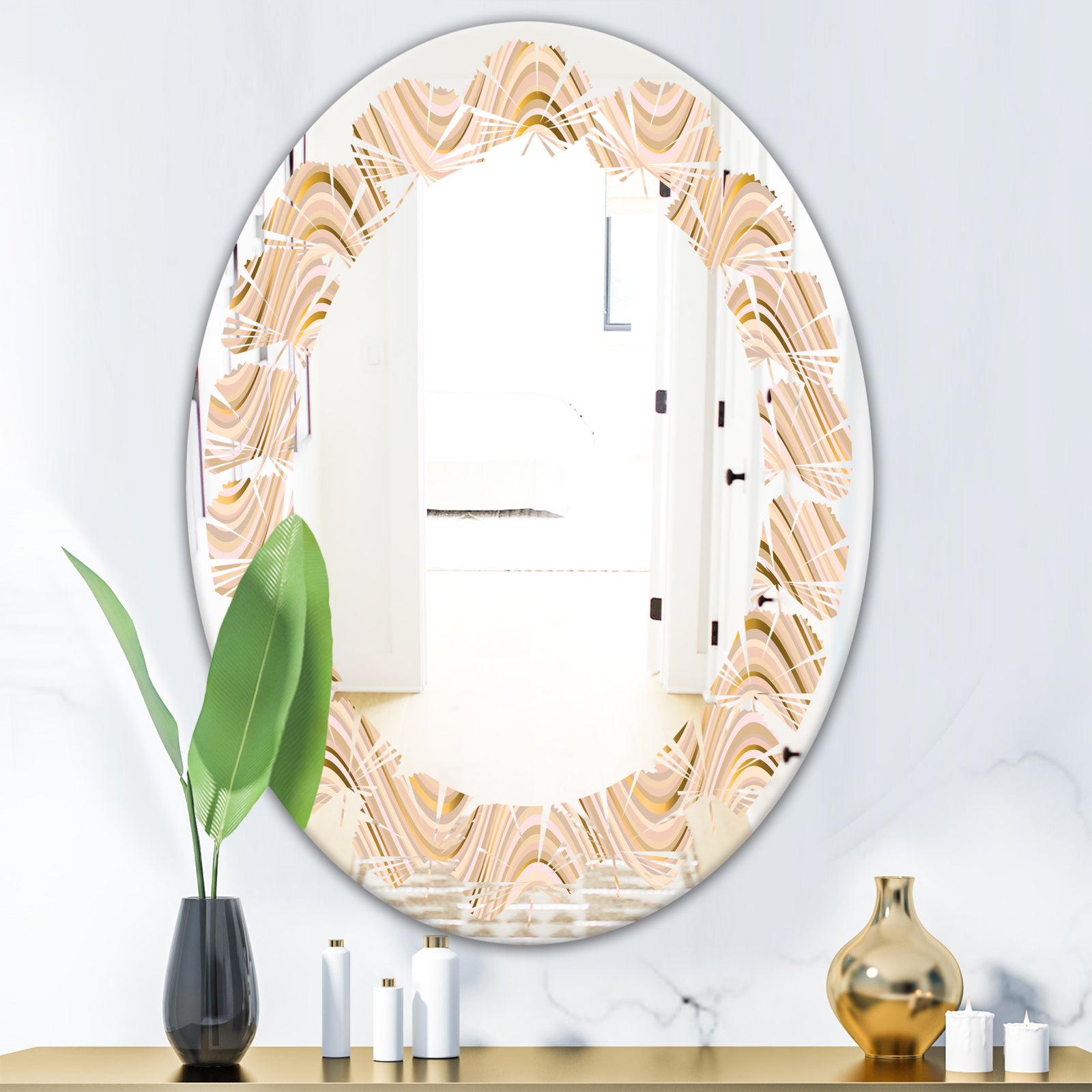 Abstract Luxury Beige Waves - Modern Round or Oval Wall Mirror - Leaves