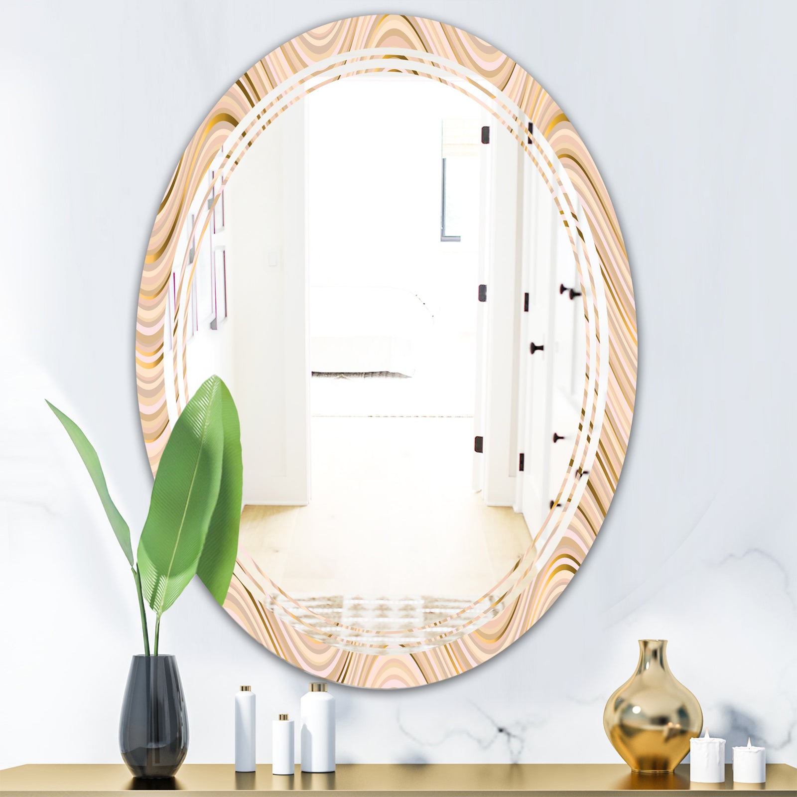 Abstract Luxury Beige Waves - Modern Round or Oval Wall Mirror - Triple C