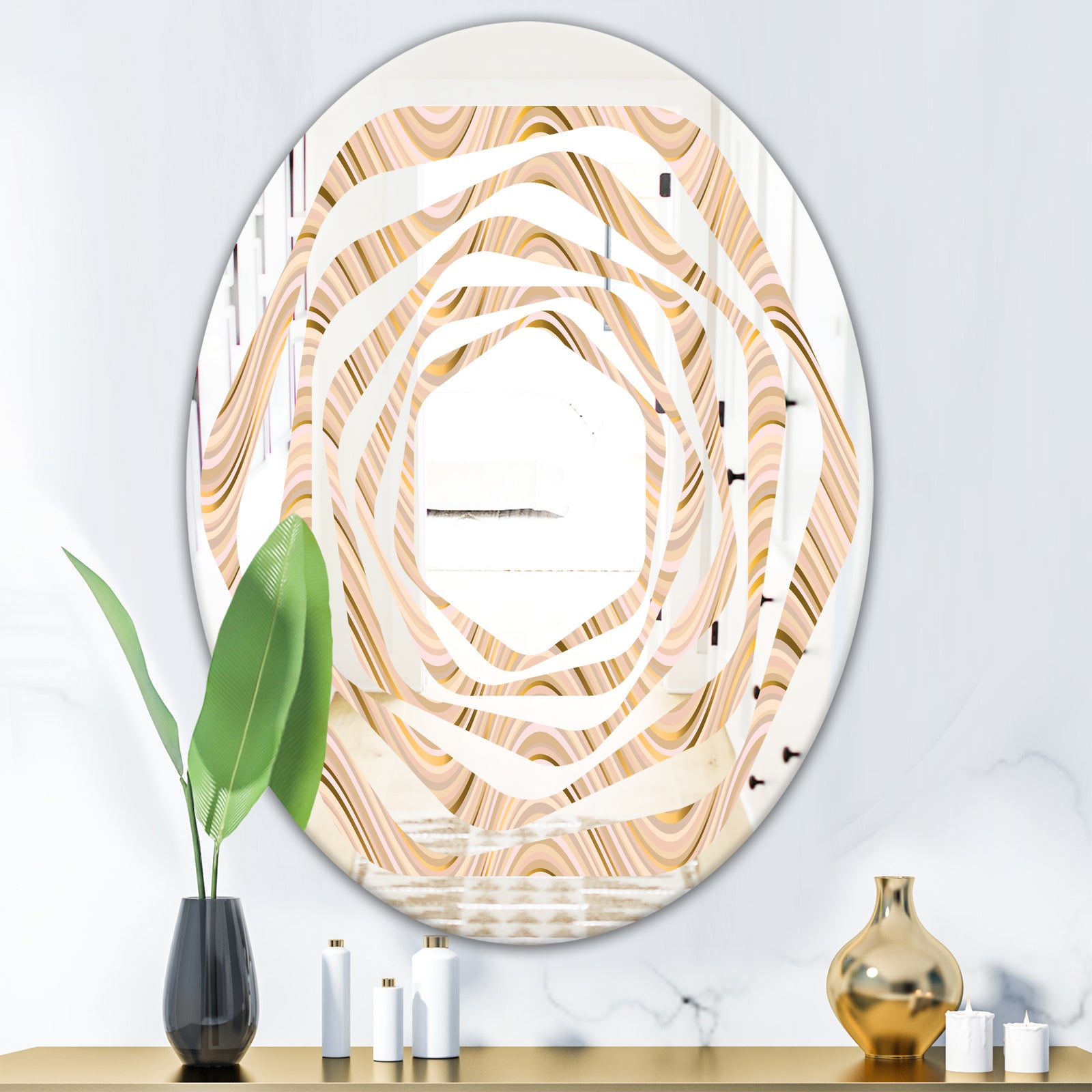 Abstract Luxury Beige Waves - Modern Round or Oval Wall Mirror - Whirl