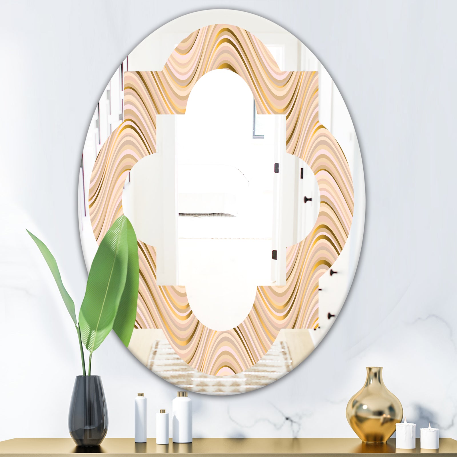 Abstract Luxury Beige Waves - Modern Round or Oval Wall Mirror - Quatrefoil