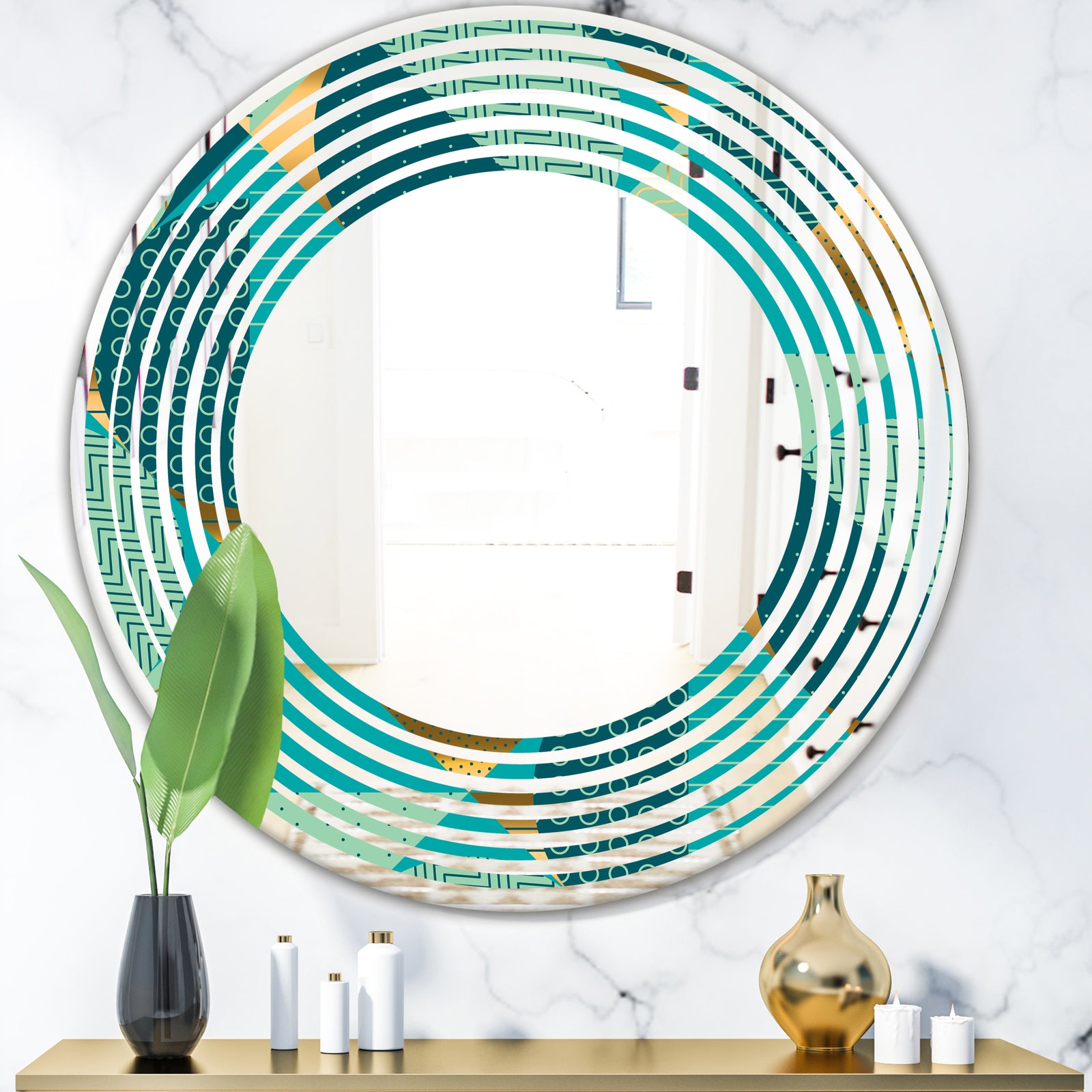 Gold and Blue Dynamics II - Modern Round or Oval Wall Mirror - Wave