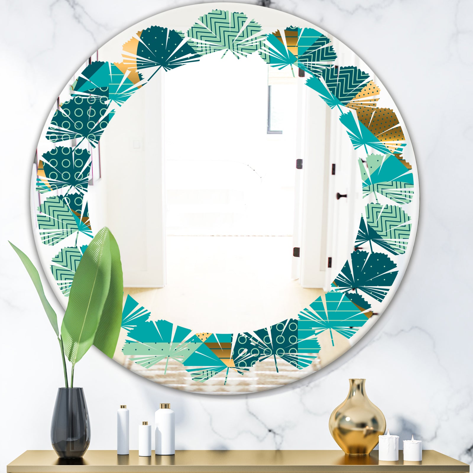 Gold and Blue Dynamics II - Modern Round or Oval Wall Mirror - Leaves