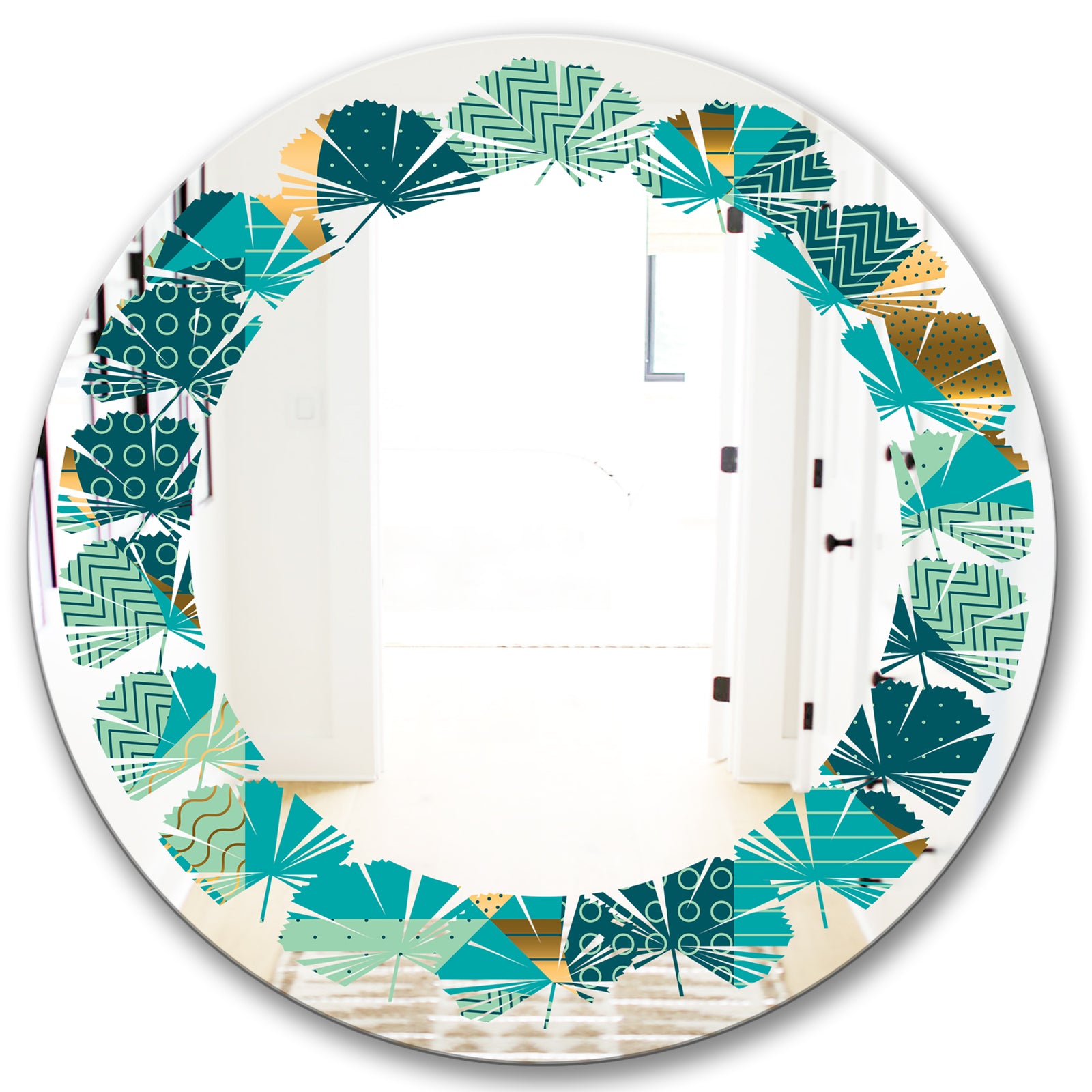 Gold and Blue Dynamics II - Modern Round or Oval Wall Mirror - Leaves