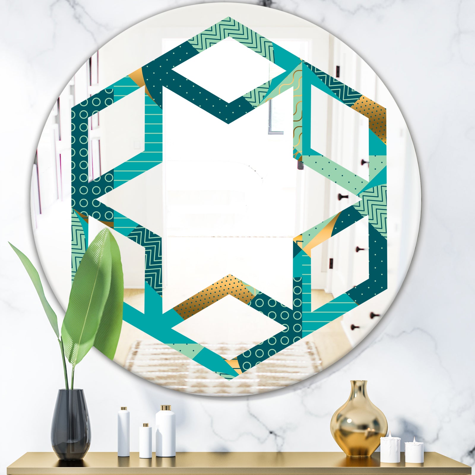Gold and Blue Dynamics II - Modern Round or Oval Wall Mirror - Hexagon Star