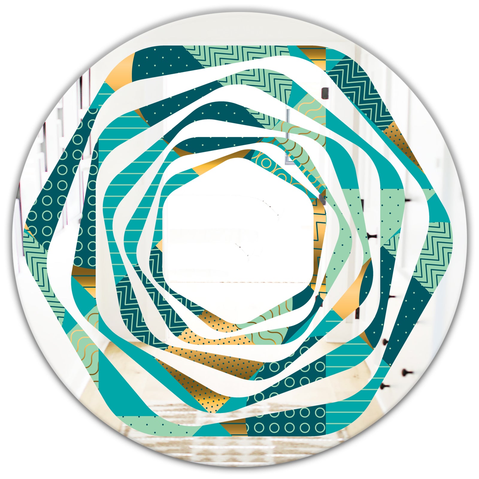 Gold and Blue Dynamics II - Modern Round or Oval Wall Mirror - Whirl