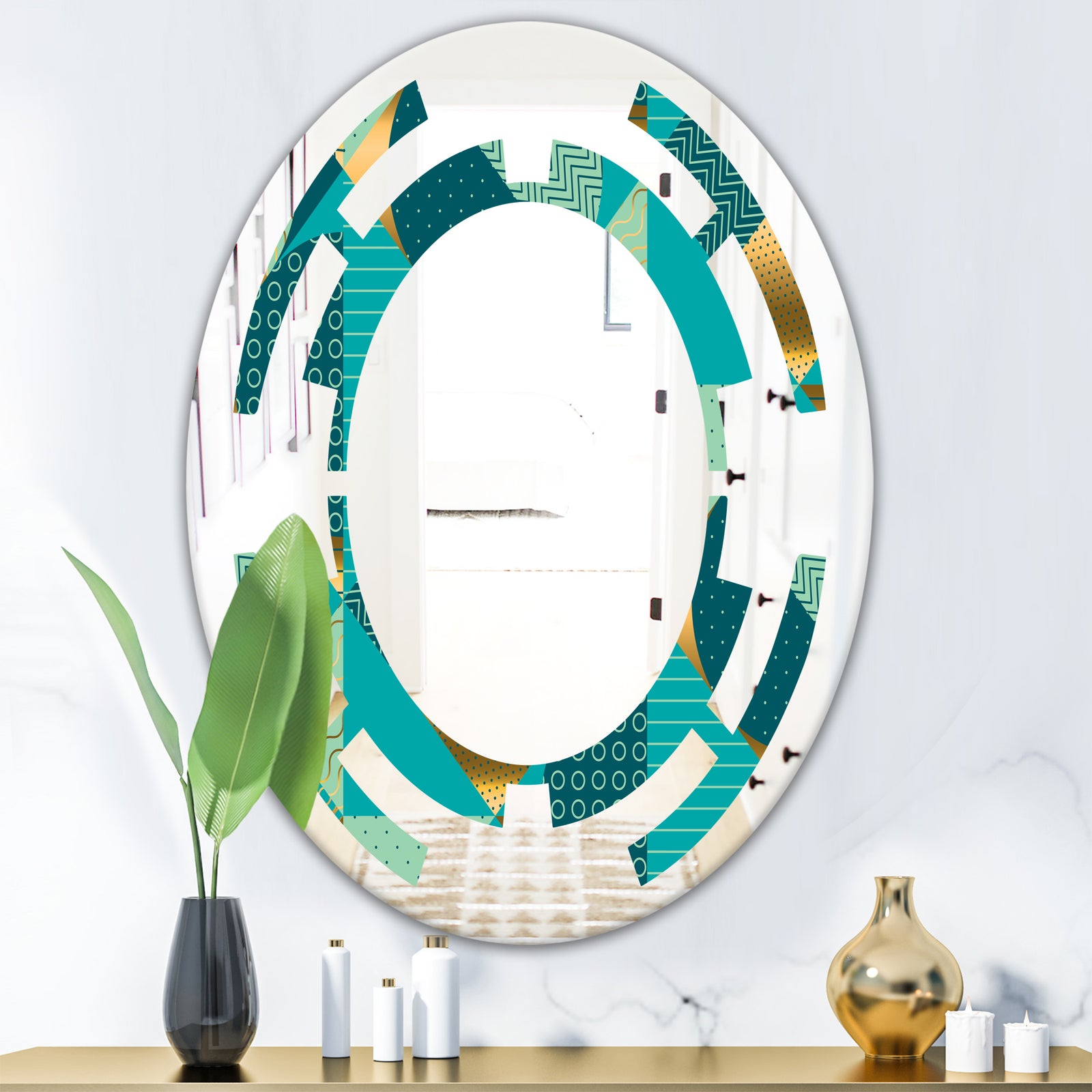 Gold and Blue Dynamics II - Modern Round or Oval Wall Mirror - Space