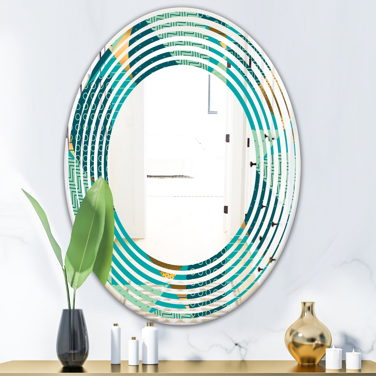 Gold and Blue Dynamics II - Modern Round or Oval Wall Mirror - Wave