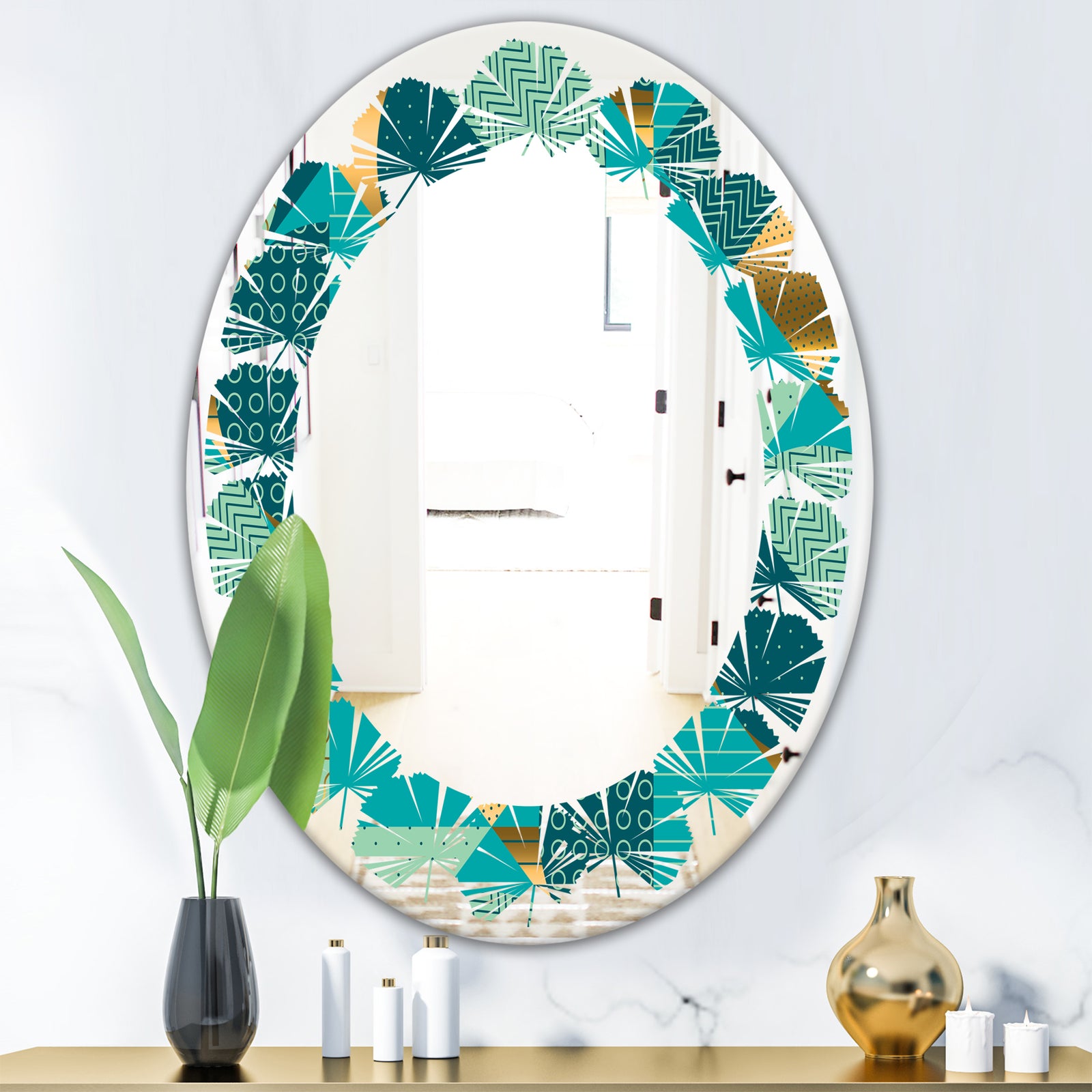 Gold and Blue Dynamics II - Modern Round or Oval Wall Mirror - Leaves