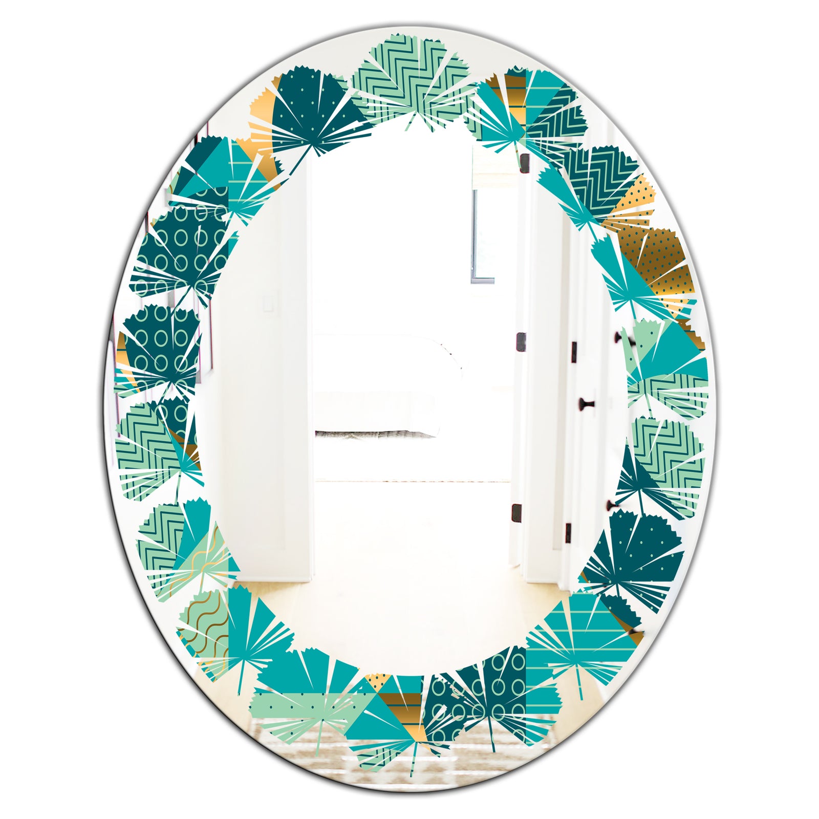 Gold and Blue Dynamics II - Modern Round or Oval Wall Mirror - Leaves