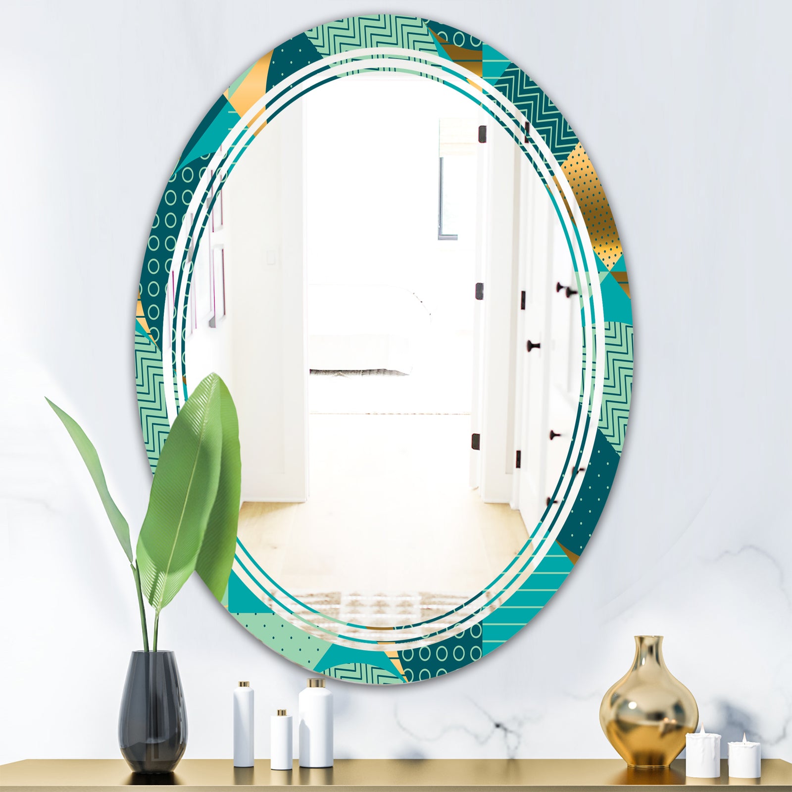 Gold and Blue Dynamics II - Modern Round or Oval Wall Mirror - Triple C