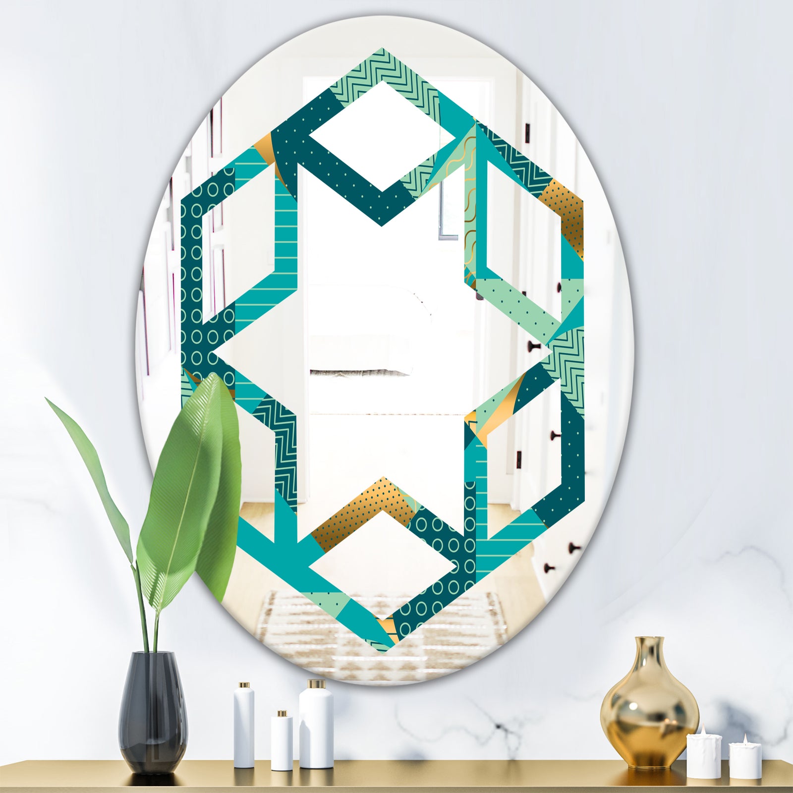 Gold and Blue Dynamics II - Modern Round or Oval Wall Mirror - Hexagon Star