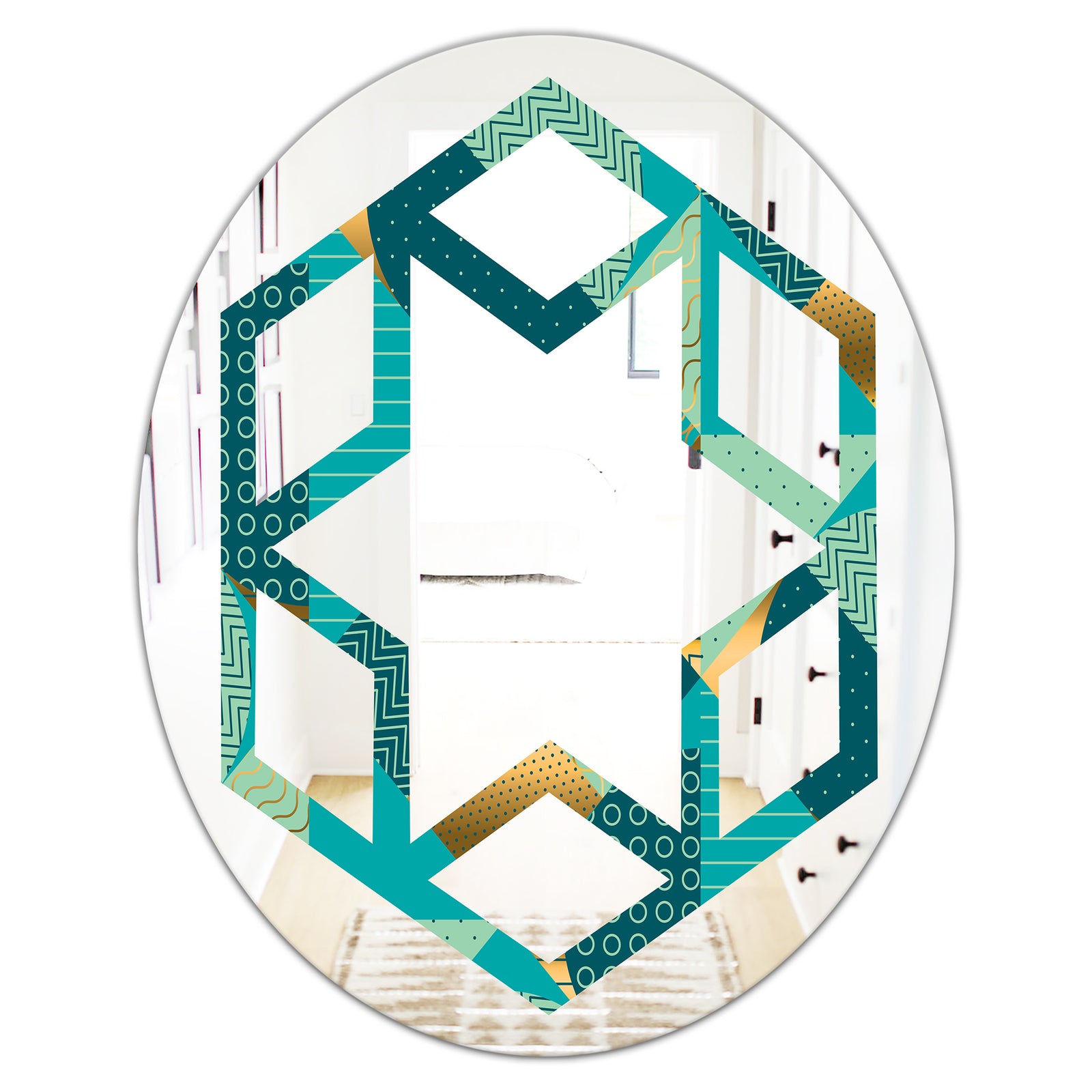 Gold and Blue Dynamics II - Modern Round or Oval Wall Mirror - Hexagon Star