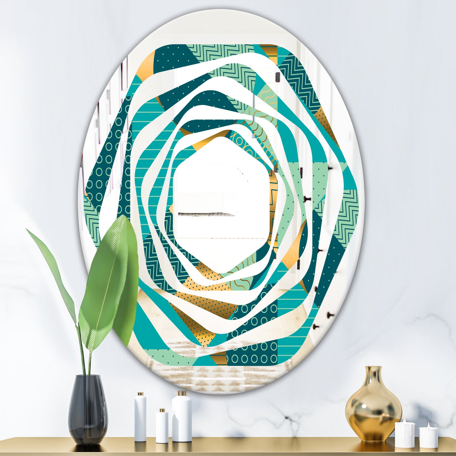 Gold and Blue Dynamics II - Modern Round or Oval Wall Mirror - Whirl