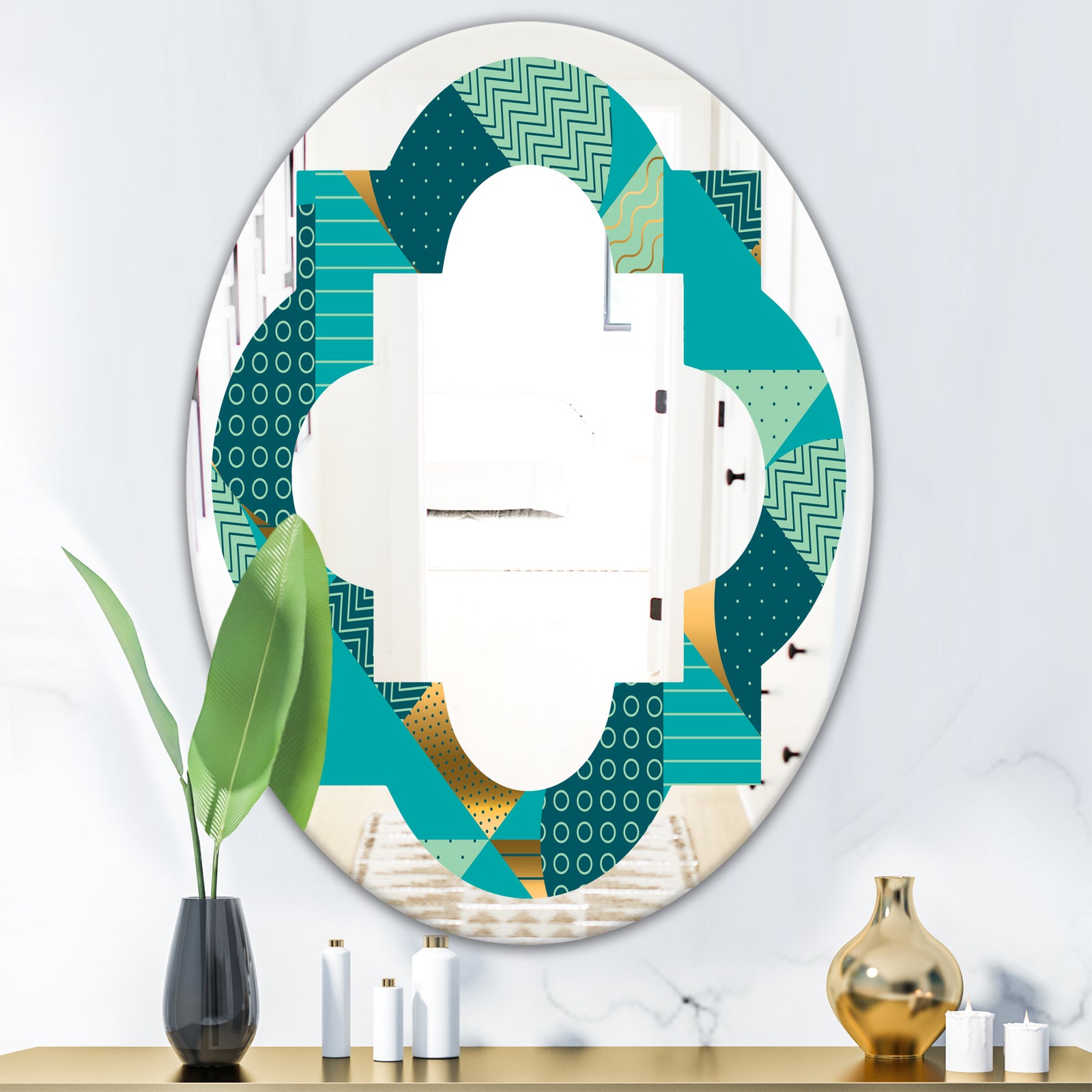 Gold and Blue Dynamics II - Modern Round or Oval Wall Mirror - Quatrefoil