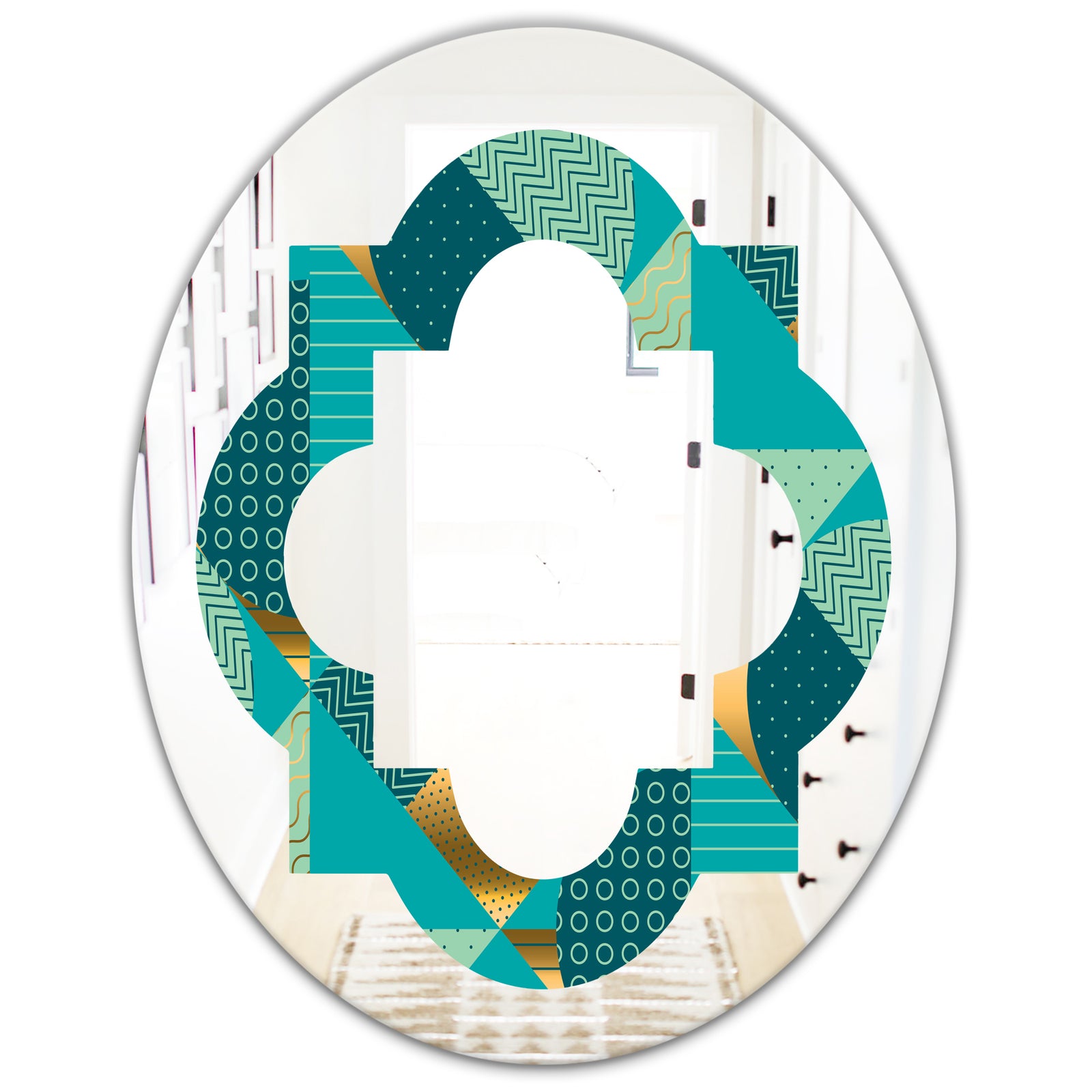 Gold and Blue Dynamics II - Modern Round or Oval Wall Mirror - Quatrefoil