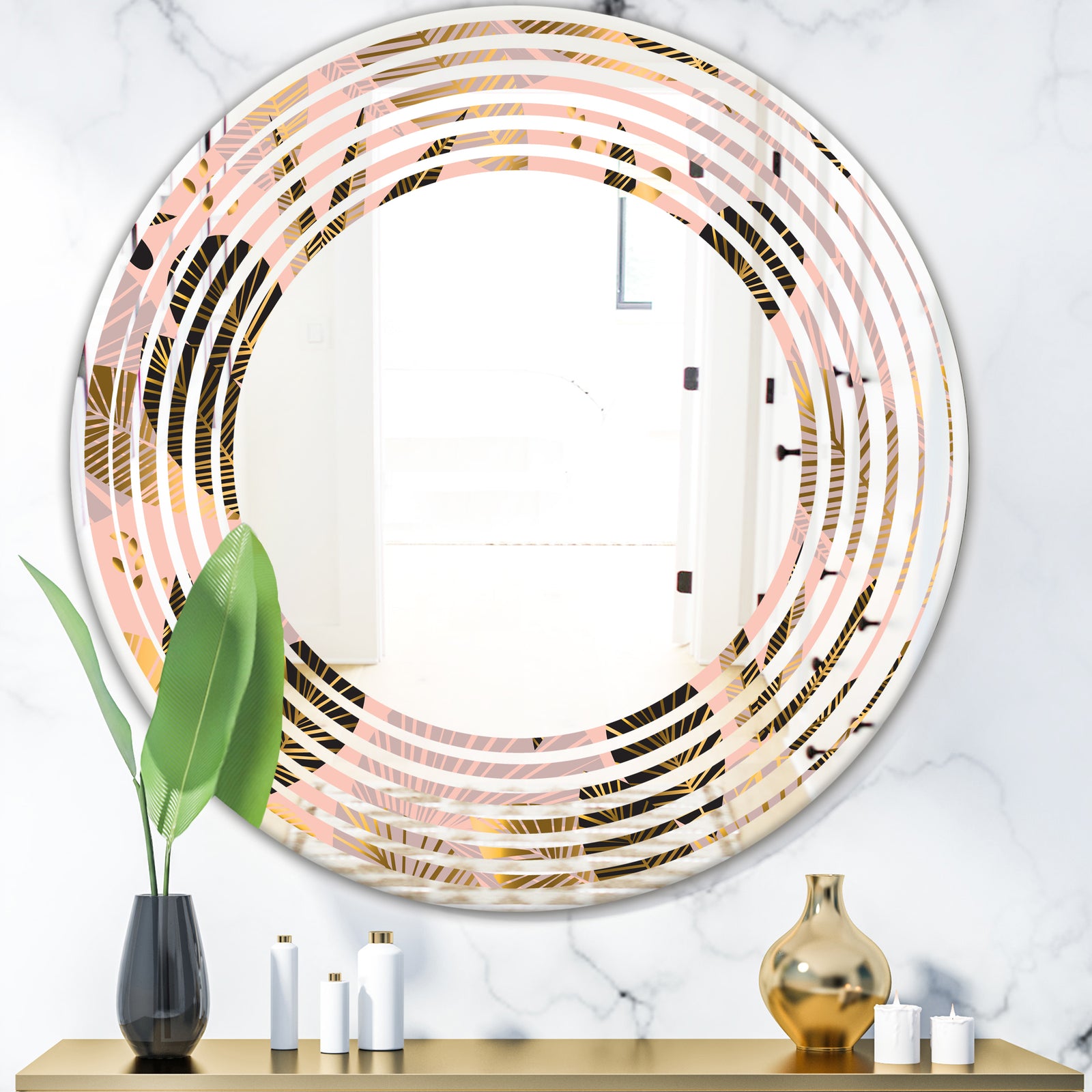 Golden Foliage III - Modern Round or Oval Wall Mirror - Wave
