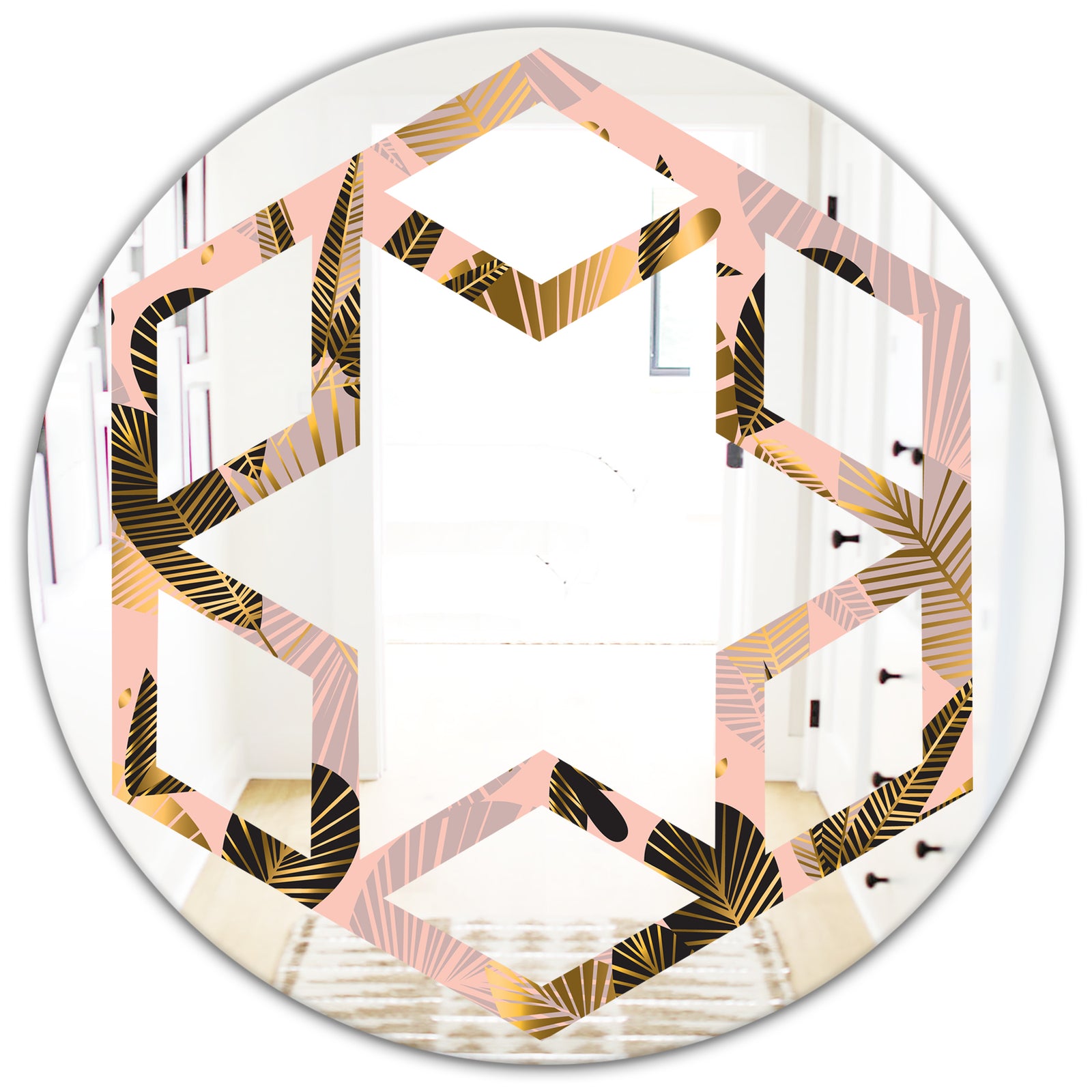 Golden Foliage III - Modern Round or Oval Wall Mirror - Hexagon Star
