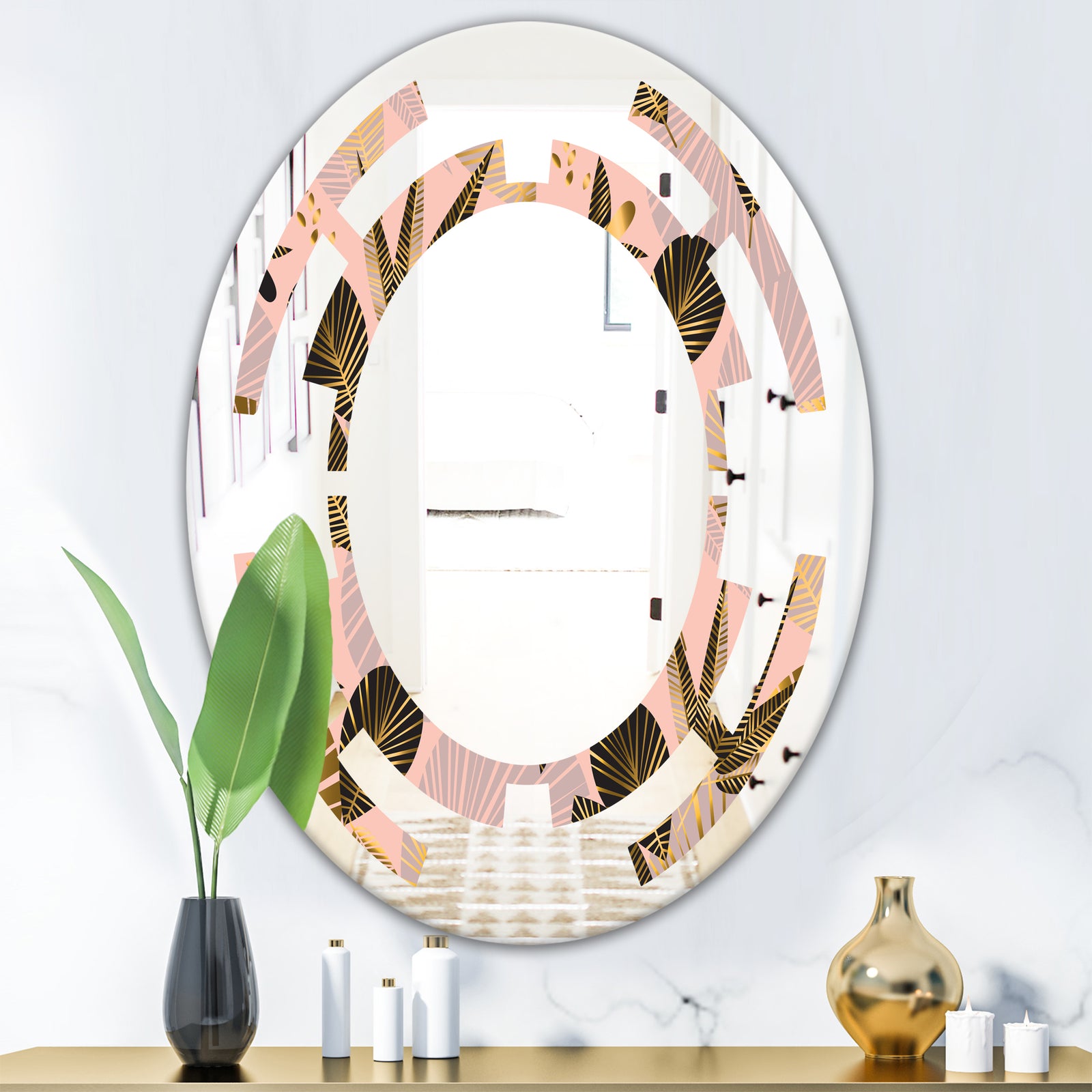 Golden Foliage III - Modern Round or Oval Wall Mirror - Space