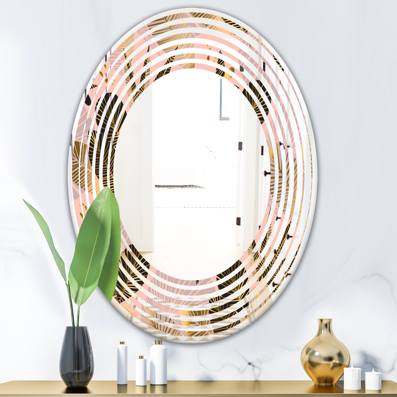 Golden Foliage III - Modern Round or Oval Wall Mirror - Wave