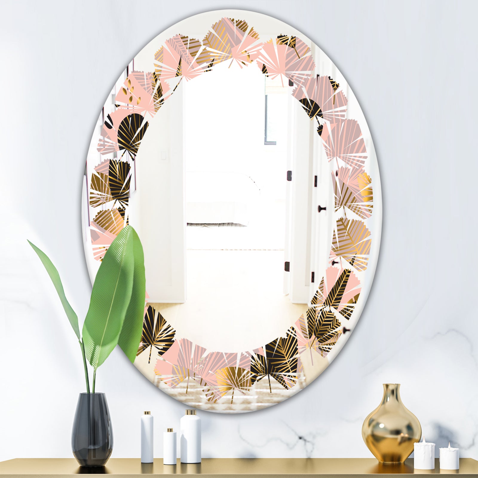 Golden Foliage III - Modern Round or Oval Wall Mirror - Leaves