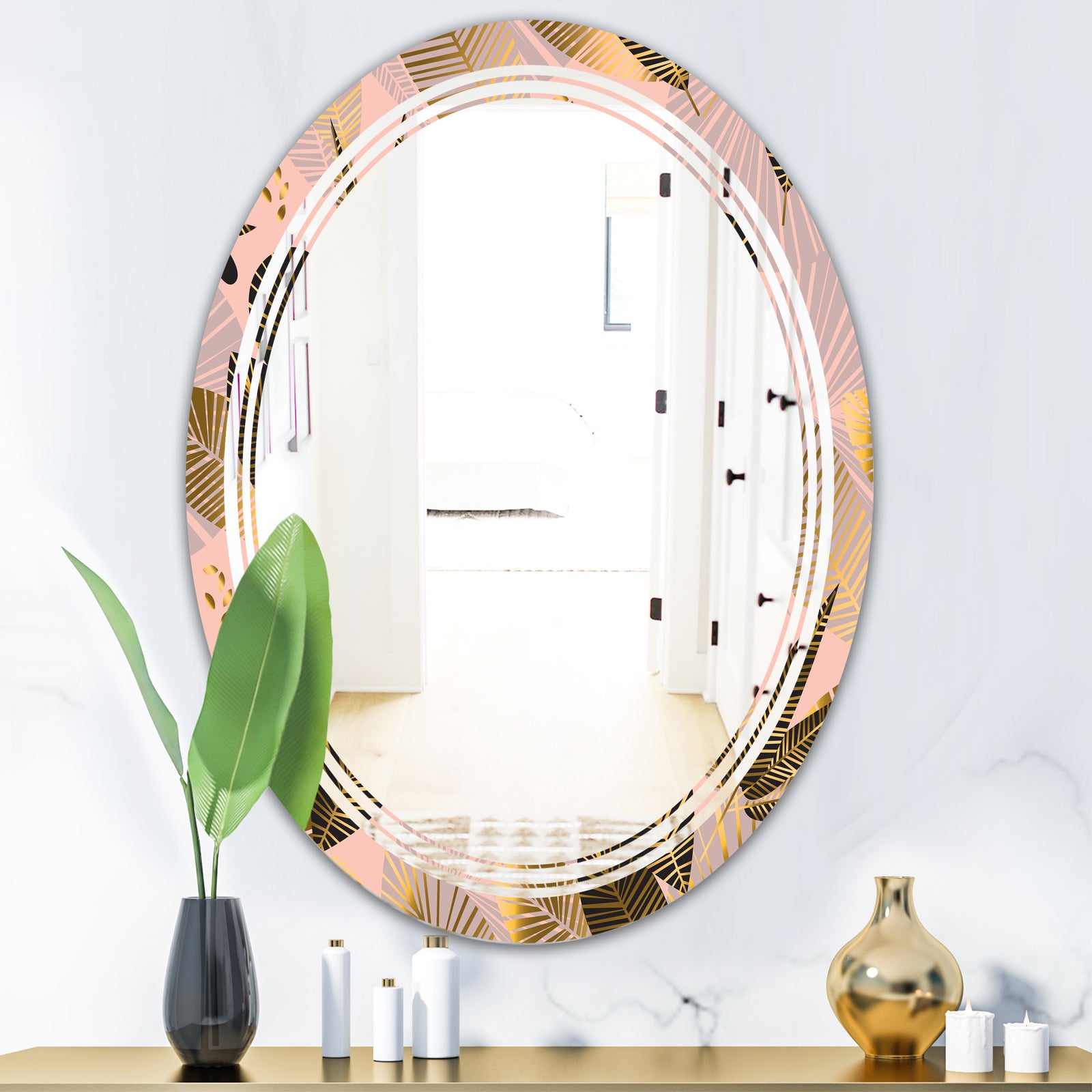 Golden Foliage III - Modern Round or Oval Wall Mirror - Triple C