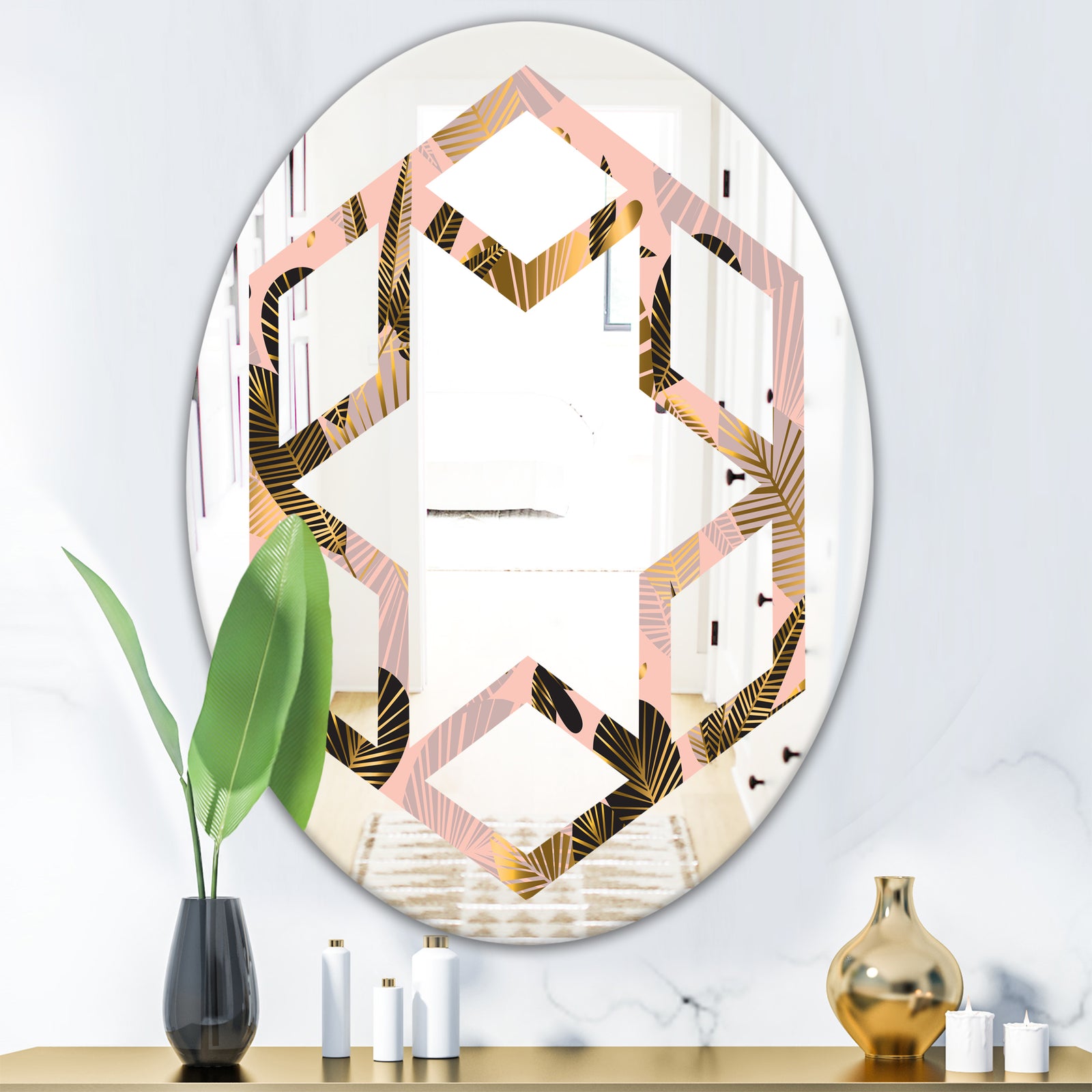 Golden Foliage III - Modern Round or Oval Wall Mirror - Hexagon Star