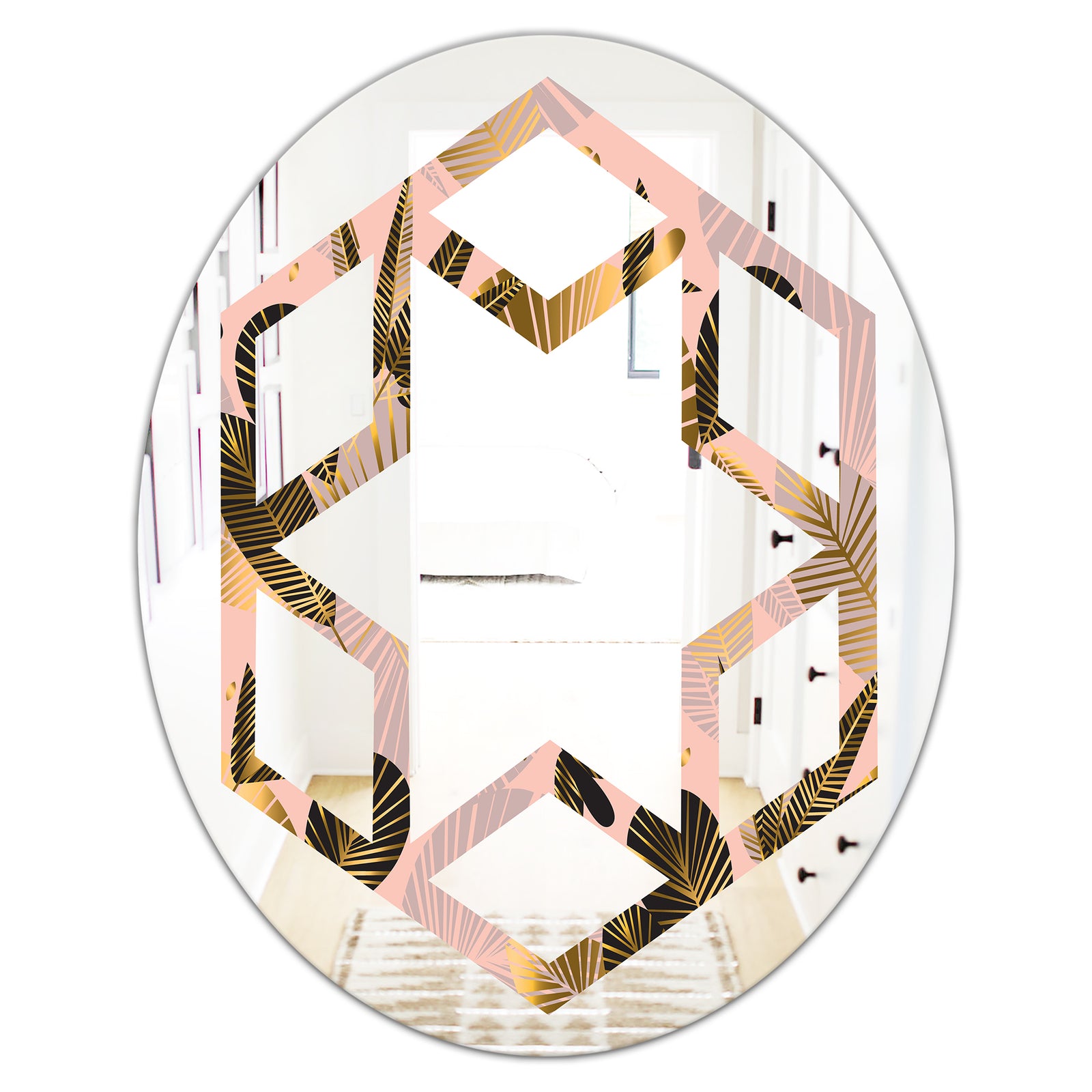 Golden Foliage III - Modern Round or Oval Wall Mirror - Hexagon Star