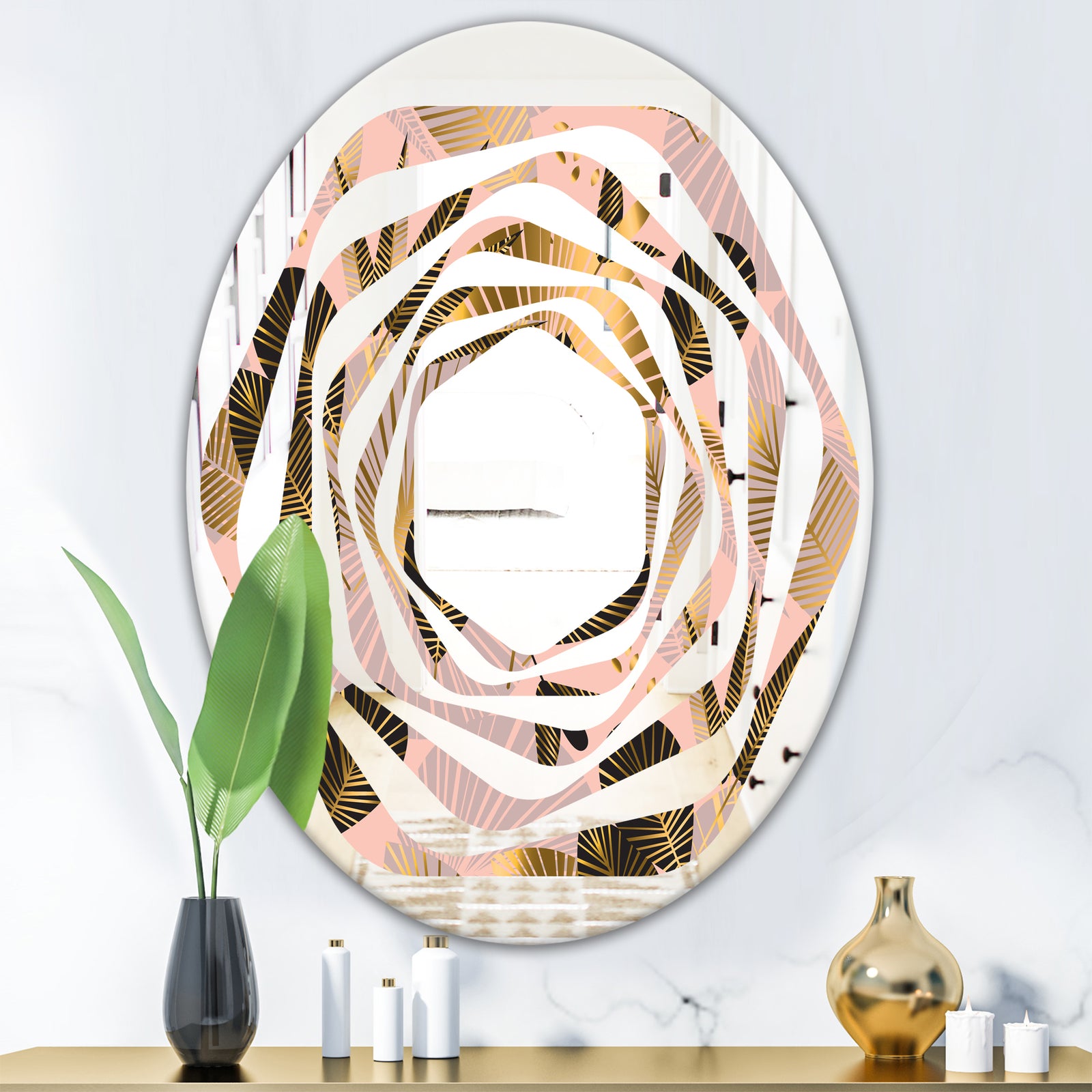 Golden Foliage III - Modern Round or Oval Wall Mirror - Whirl