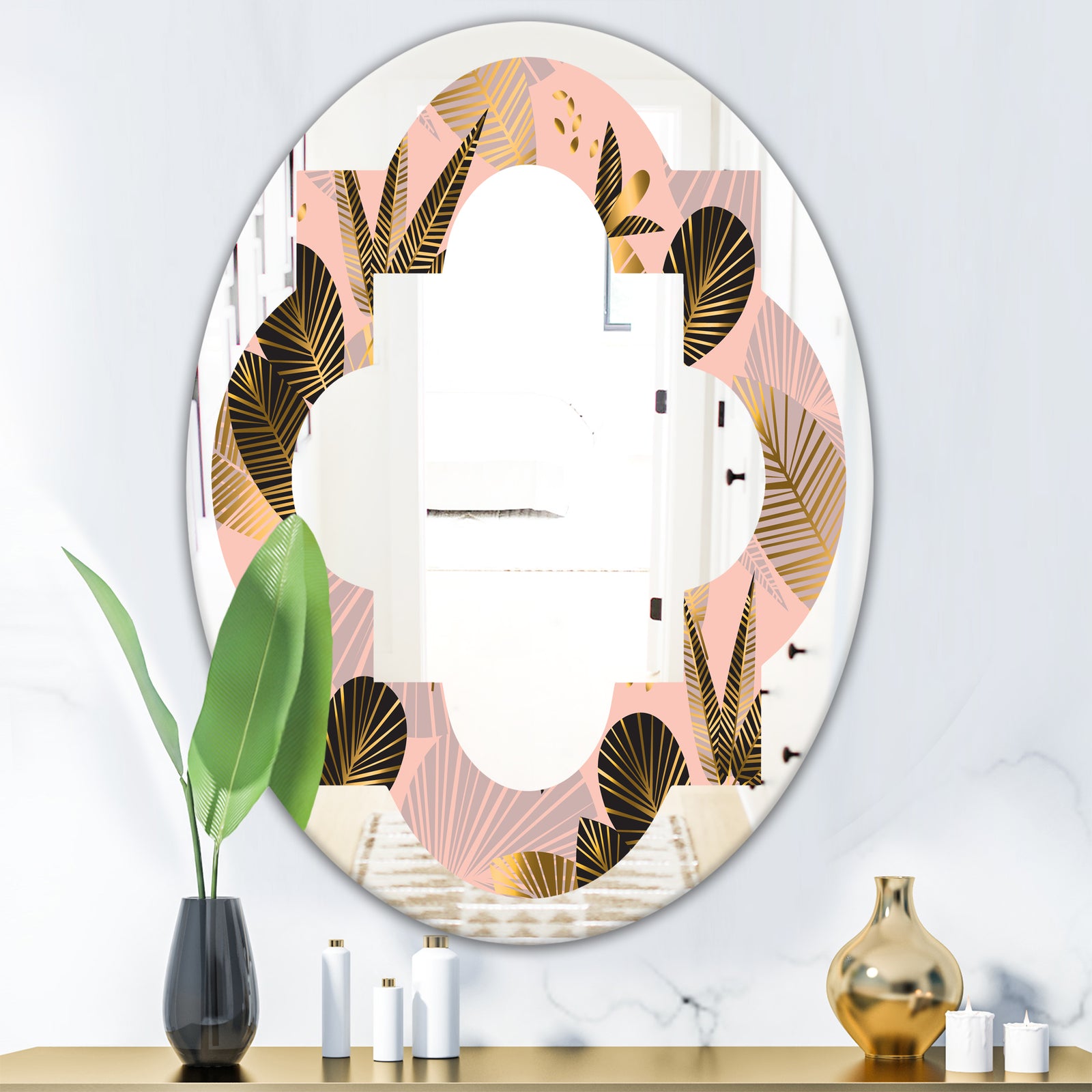 Golden Foliage III - Modern Round or Oval Wall Mirror - Quatrefoil