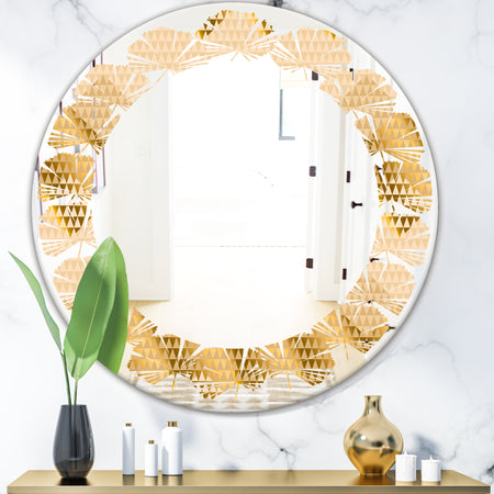Golden Triangular Wavess I - Modern Round or Oval Wall Mirror - Leaves