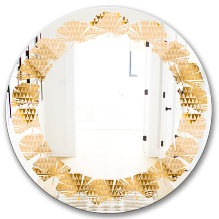 Golden Triangular Wavess I - Modern Round or Oval Wall Mirror - Leaves