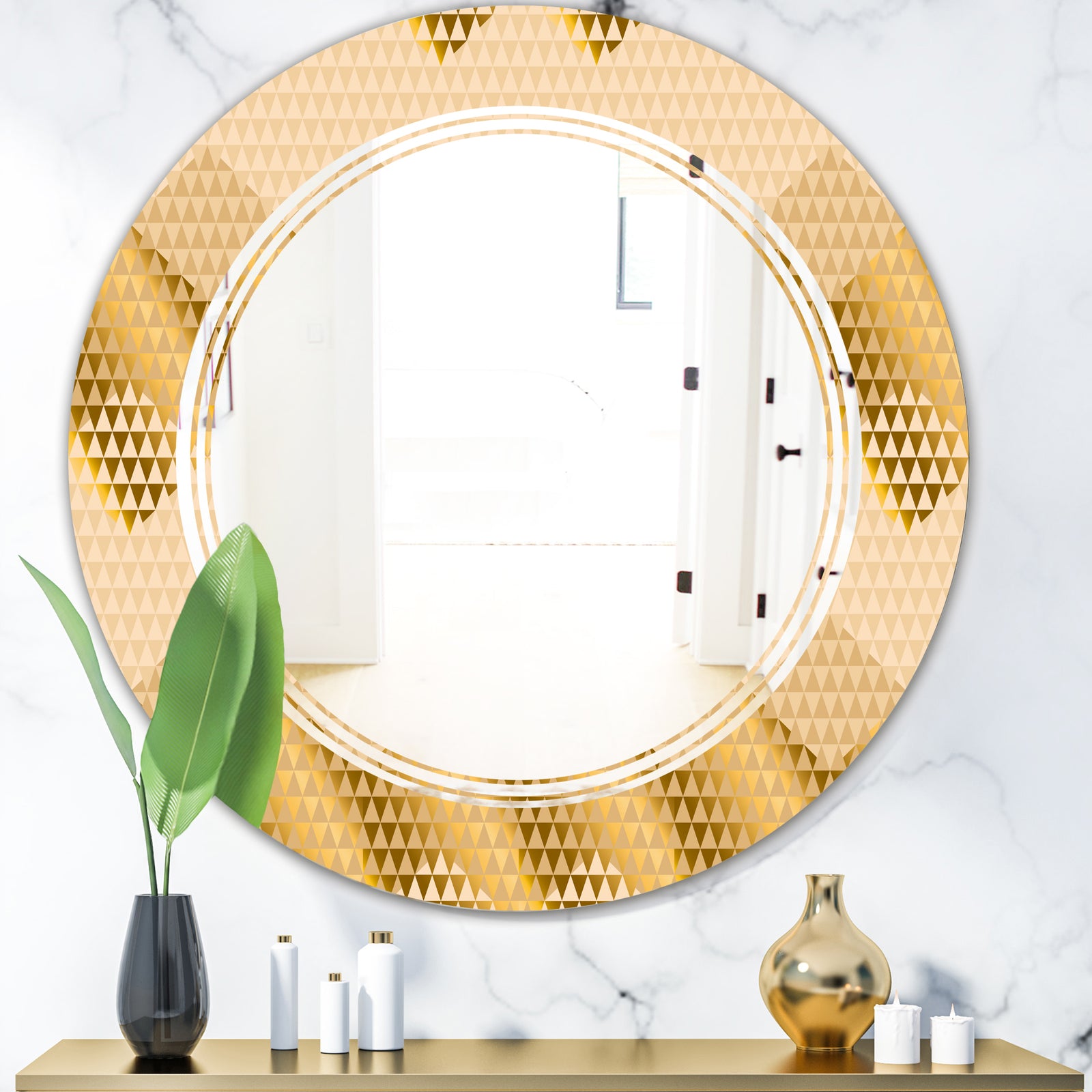 Golden Triangular Wavess I - Modern Round or Oval Wall Mirror - Triple C