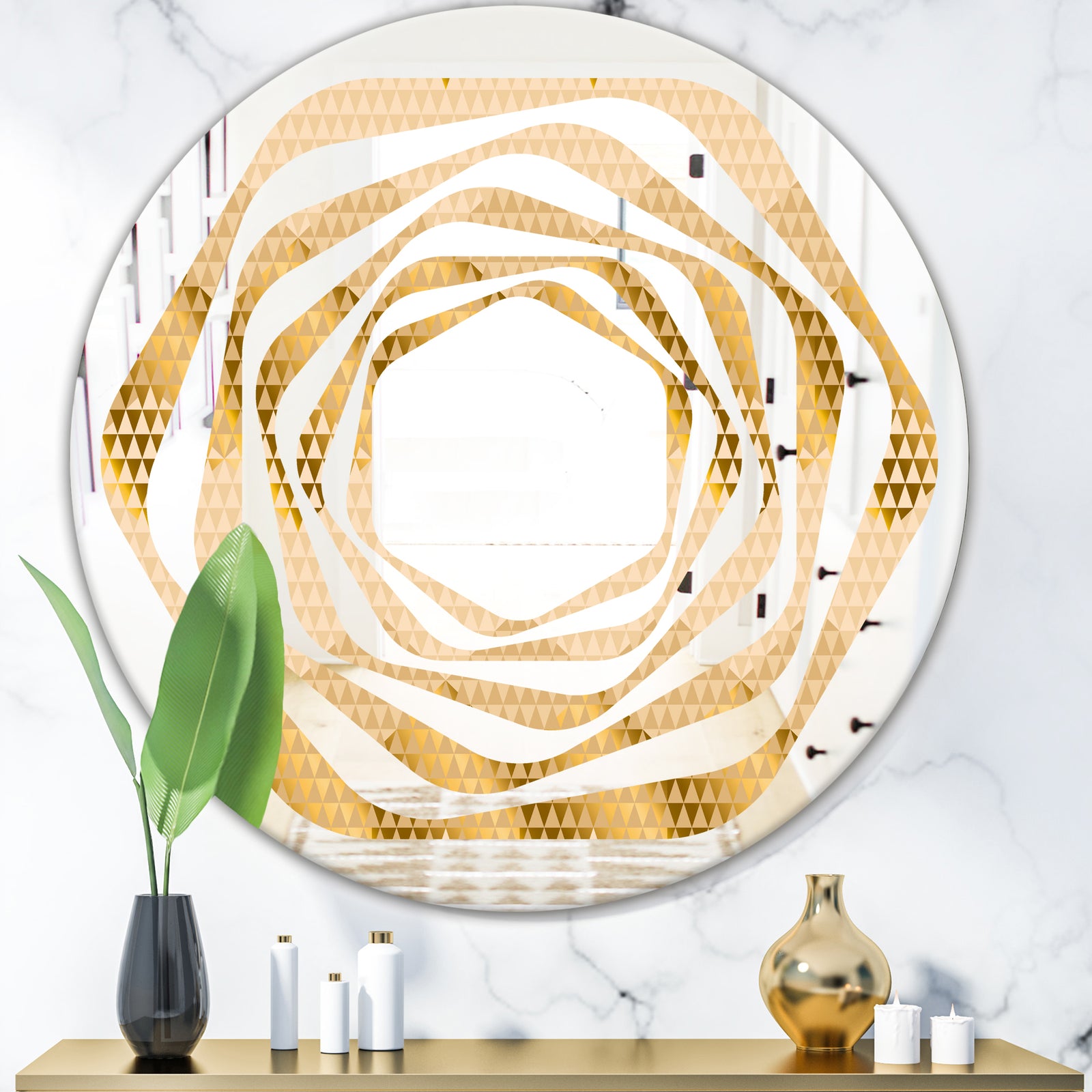 Golden Triangular Wavess I - Modern Round or Oval Wall Mirror - Whirl