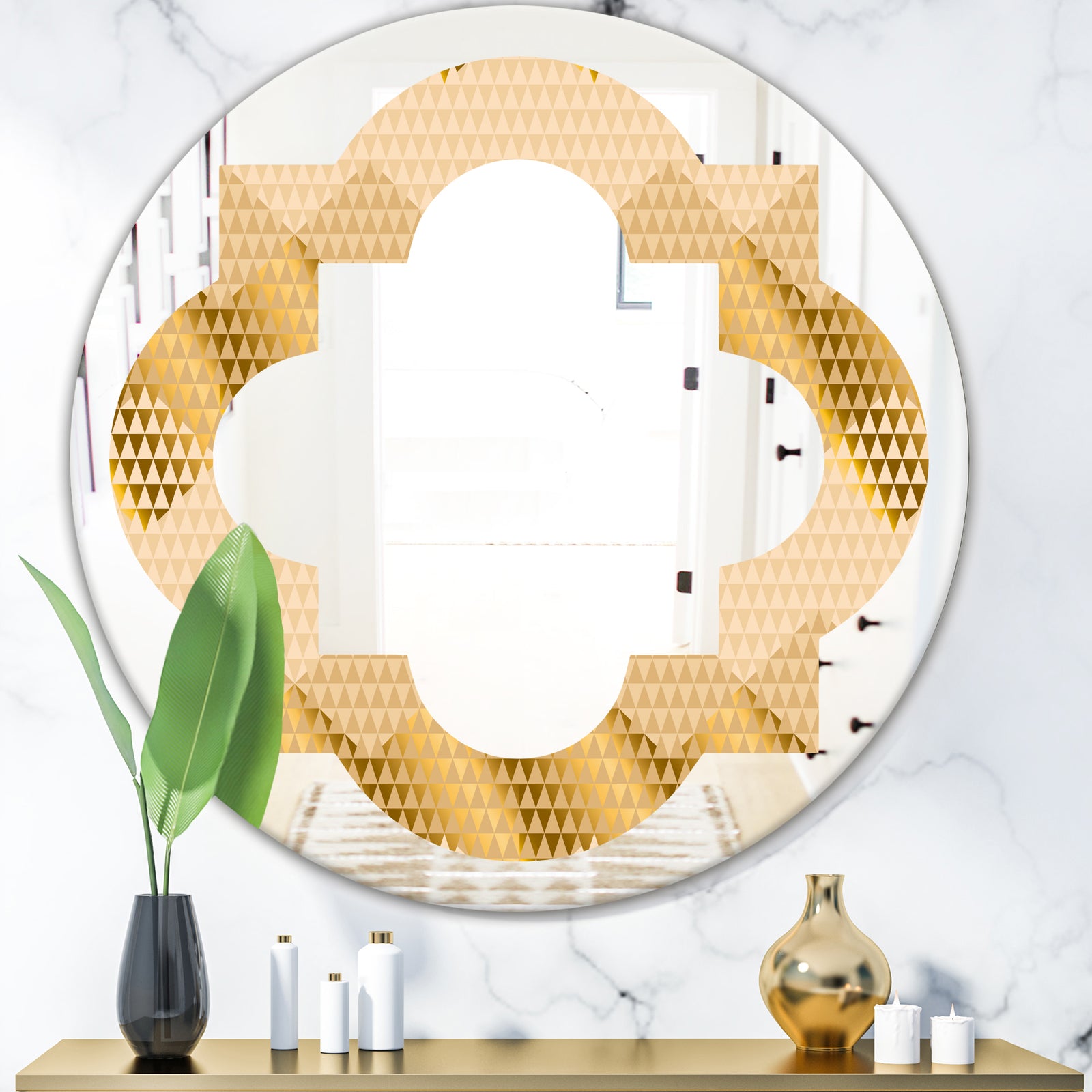 Golden Triangular Wavess I - Modern Round or Oval Wall Mirror - Quatrefoil