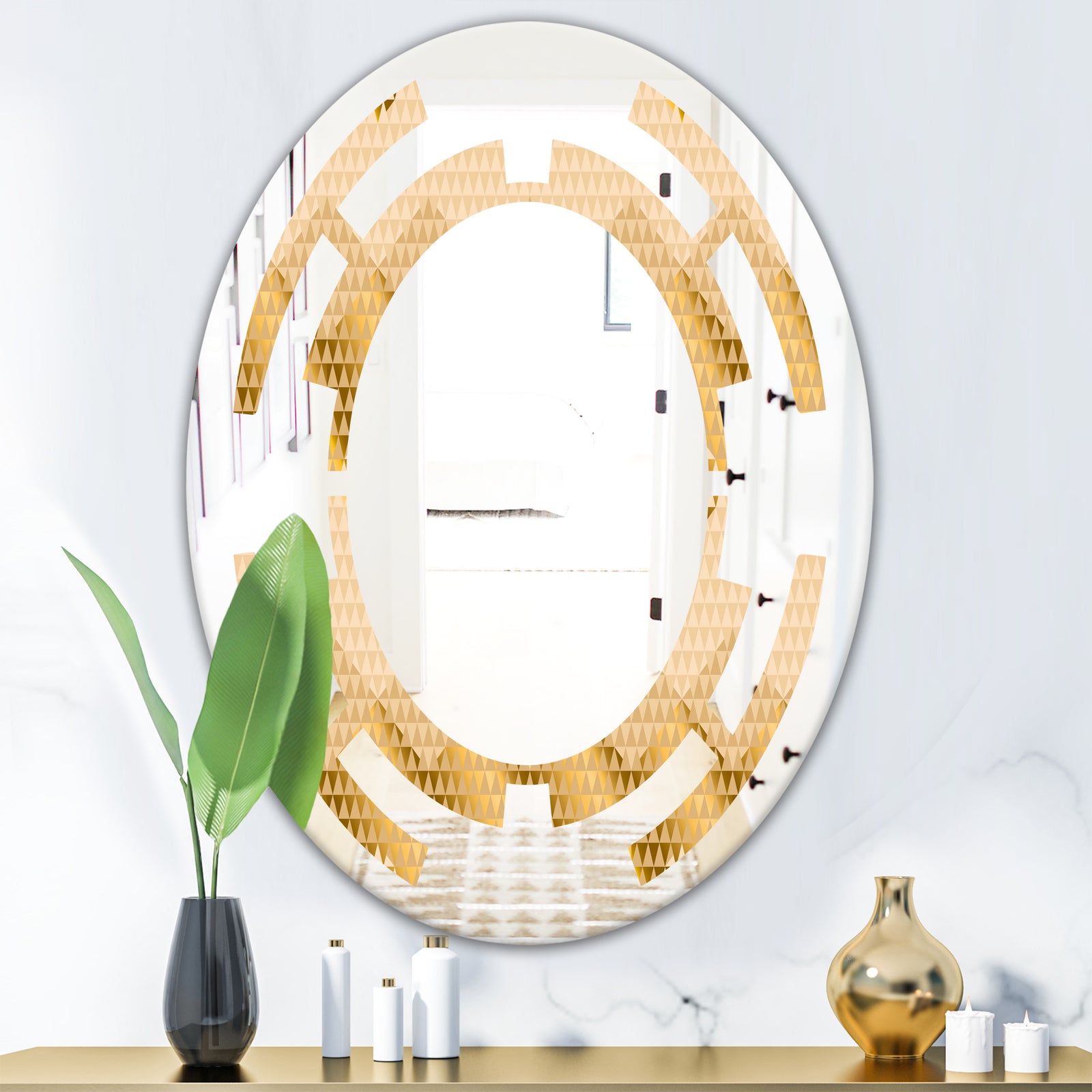 Golden Triangular Wavess I - Modern Round or Oval Wall Mirror - Space